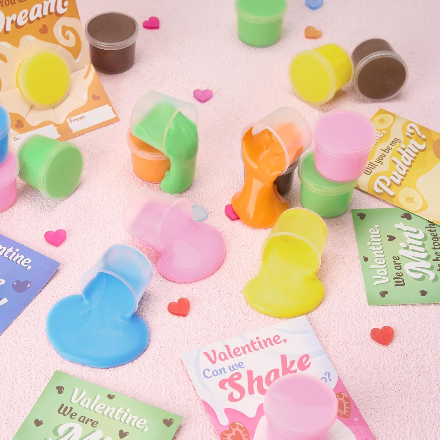 30 Packs Valentines Day Cards with Butter Slime, 6 Colors Slime Party Favors, Stress Relief Fidget Toys and Gift Cards for Kids Valentine'S Day Classroom Exchange Prizes