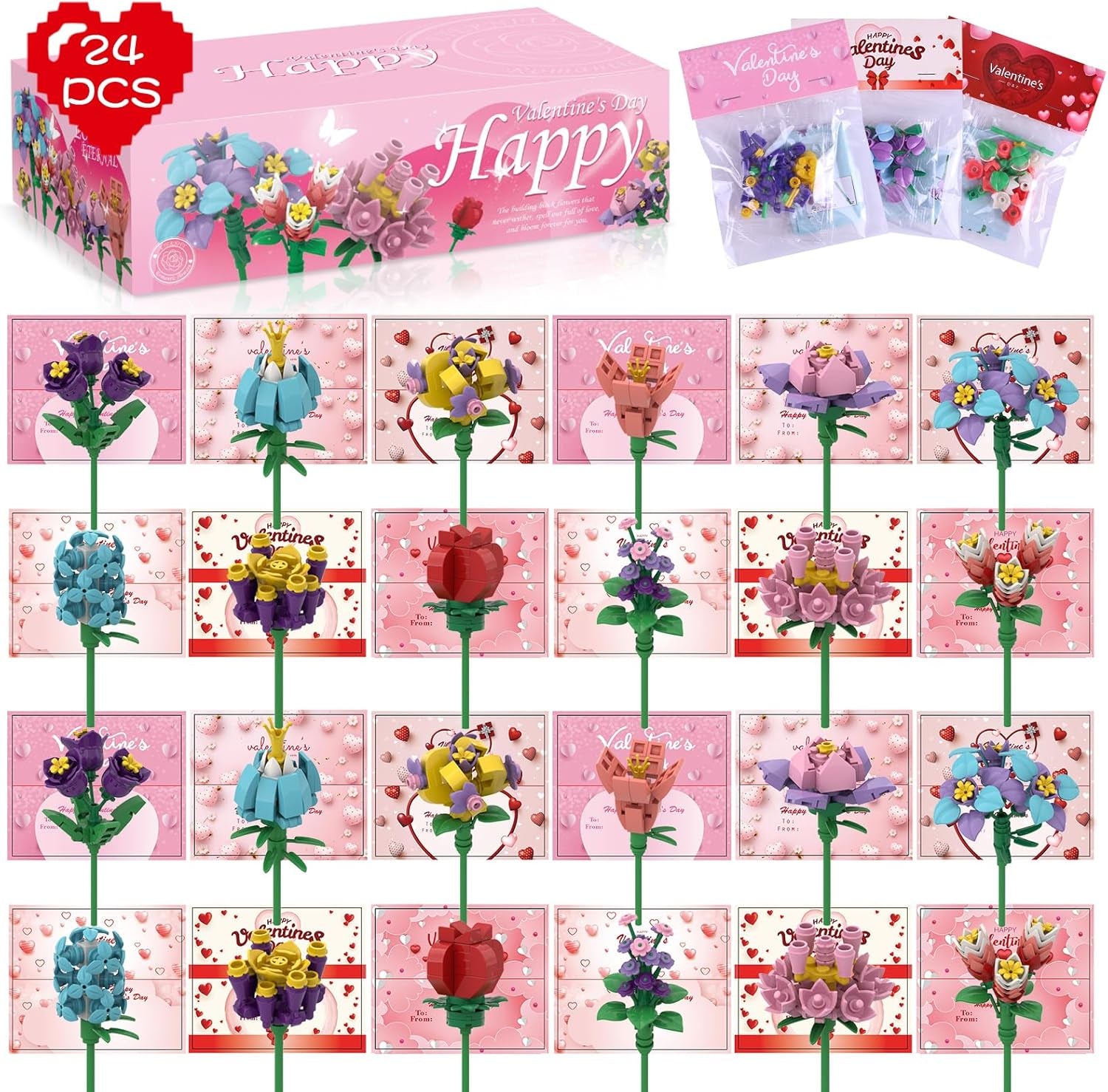 24 Pack Valentines Day Gifts for Kids Valentines Rose Flower Building Blocks Set with Card Classroom Exchange Prize Party Favor Blocks for Boys and Girls