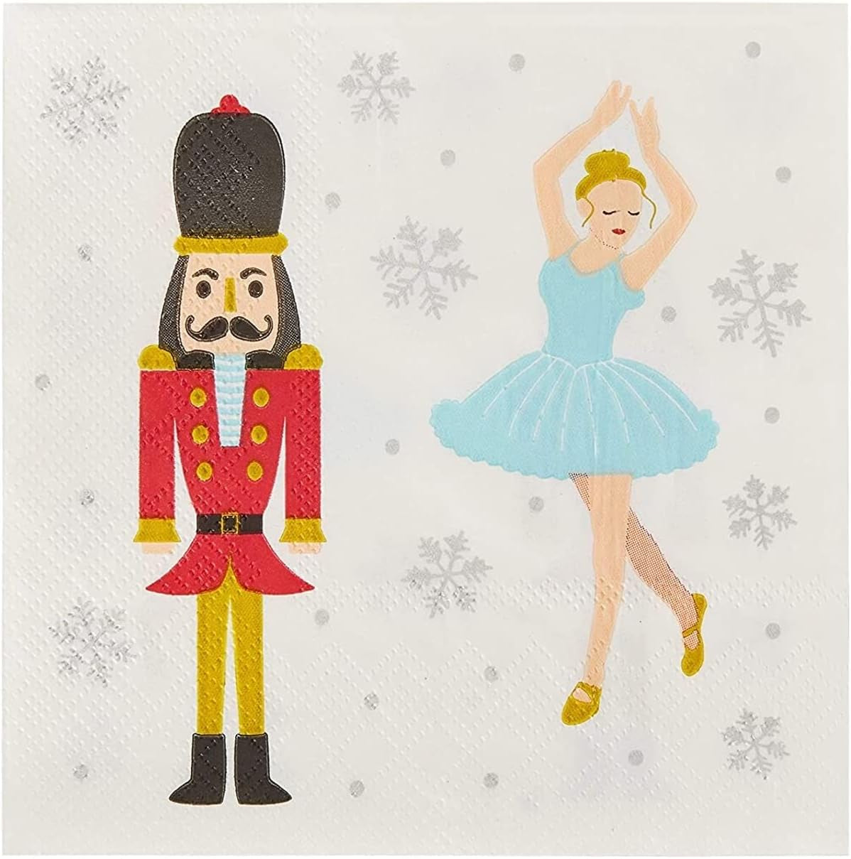 Cocktail - 100-Pack Disposable Paper Napkins, Christmas Holidays Dinner Party Supplies, 2-Ply, Nutcracker and Ballerina Design, White, Unfolded 10X10 Inches, Folded 5X5 Inches