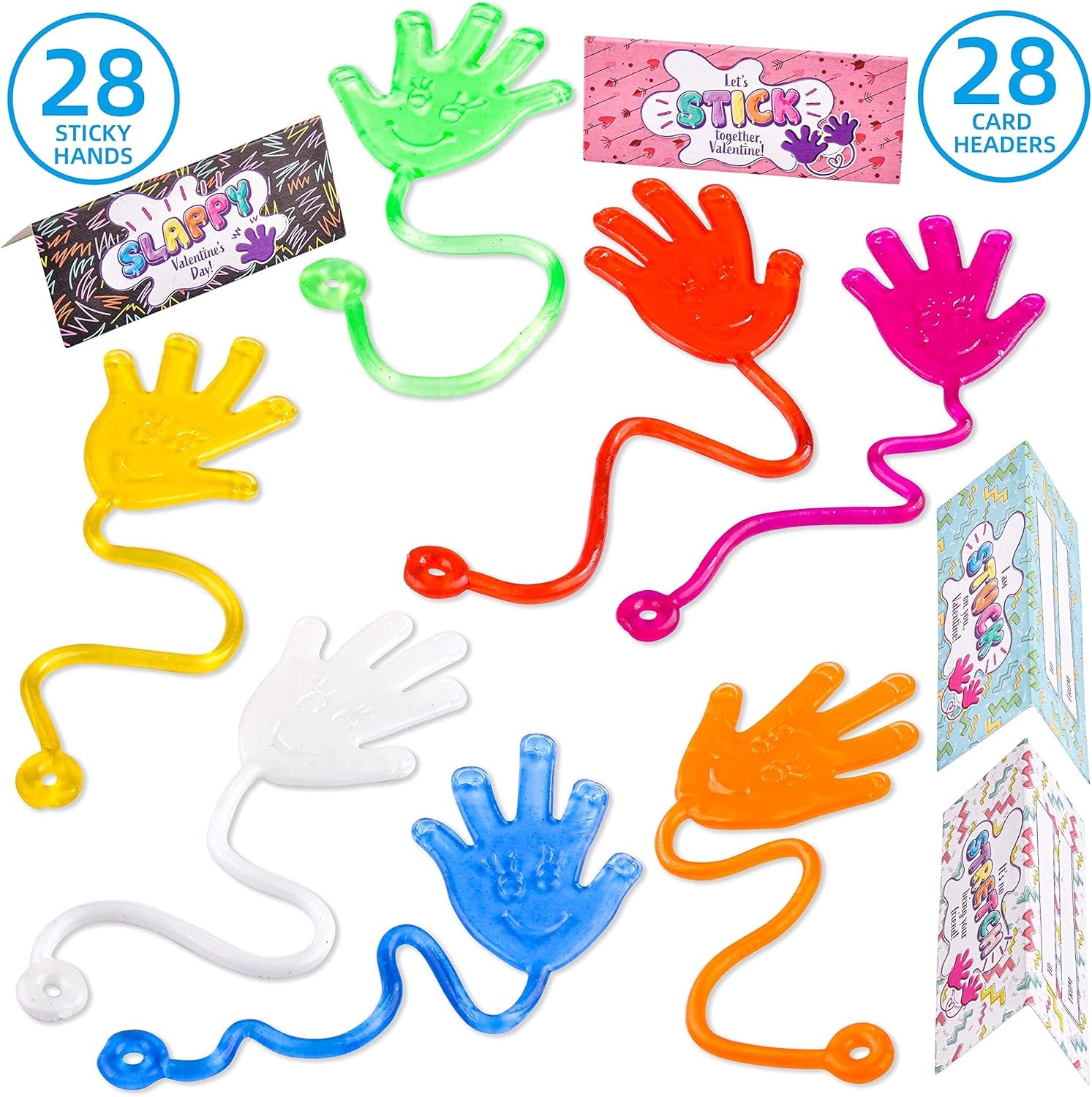 28 Packs Valentines Day Sticky Hands with Card Headers for Kids Party Favor, Classroom Exchange Prizes, Valentine’S Day Greeting Cards, Party Favors and Exchange Gifts