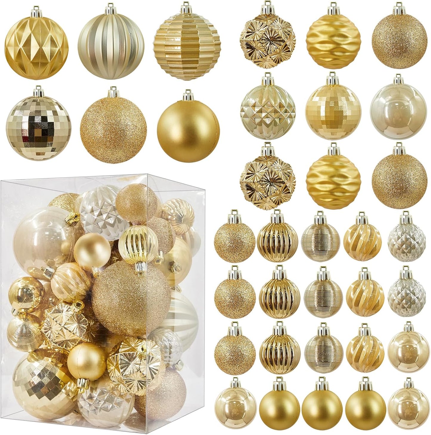 Gold Christmas Decorations 47PCS Christmas Tree Ornaments for Holidays, Gold Shatterproof Christmas Ornaments with Hooks, Multi-Styles and 3 Sizes