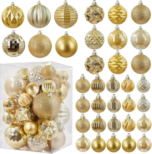 Gold Christmas Decorations 47PCS Christmas Tree Ornaments for Holidays, Gold Shatterproof Christmas Ornaments with Hooks, Multi-Styles and 3 Sizes