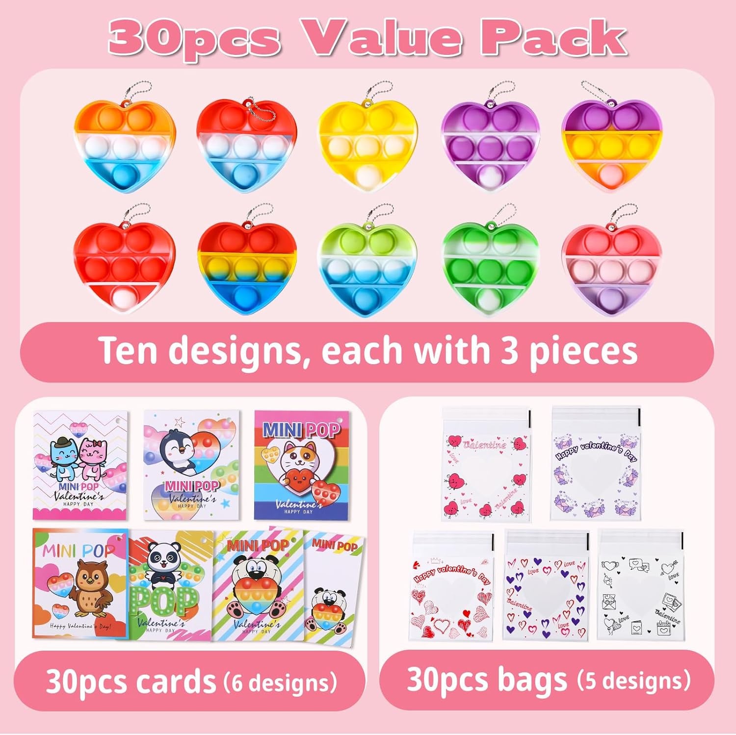 30 PCS Valentines Day Gifts Card for Kids, Valentine Heart Mini Pop Exchanging Gift Classroom Prizes, Valentines Party Favors Pop Fidget Toys, Heart Bubbles Pop School Prize Party Supplies