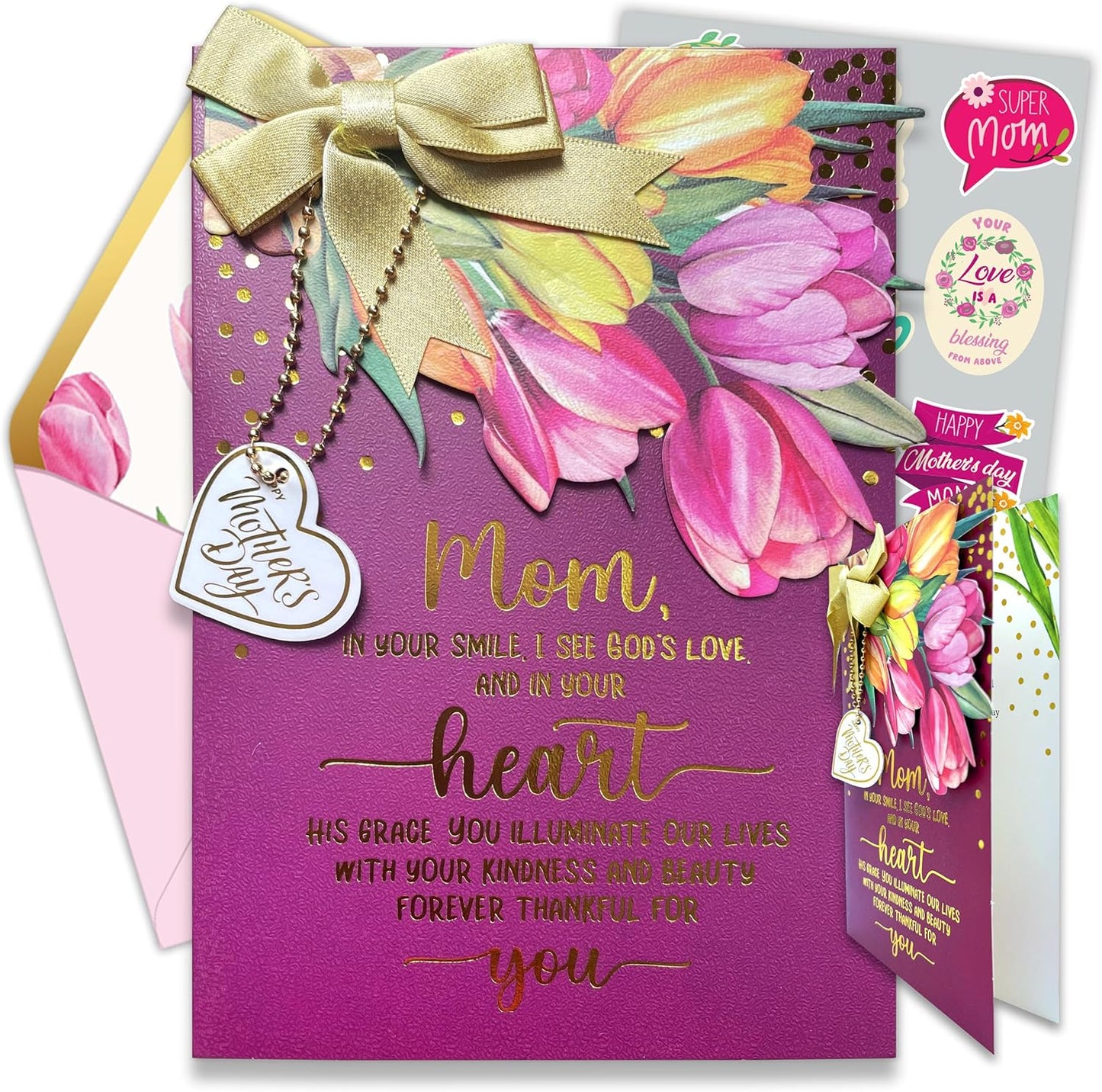 Gold Foiled 5X7In Individual Religious Mothers Day Cards for Mom with Vibrant Tulip Cutout, Gold Ribbon and Die-Cut Heart Charm, Card Set with Envelope and Stickers, Printed Message Inside