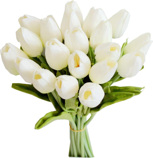 20Pcs White Flowers Artificial Tulip Silk Fake Flowers 13.5" for New Year Spring Mother'S Day Easter Valentine’S Day Gifts in Bulk Home Kitchen Wedding Decorations