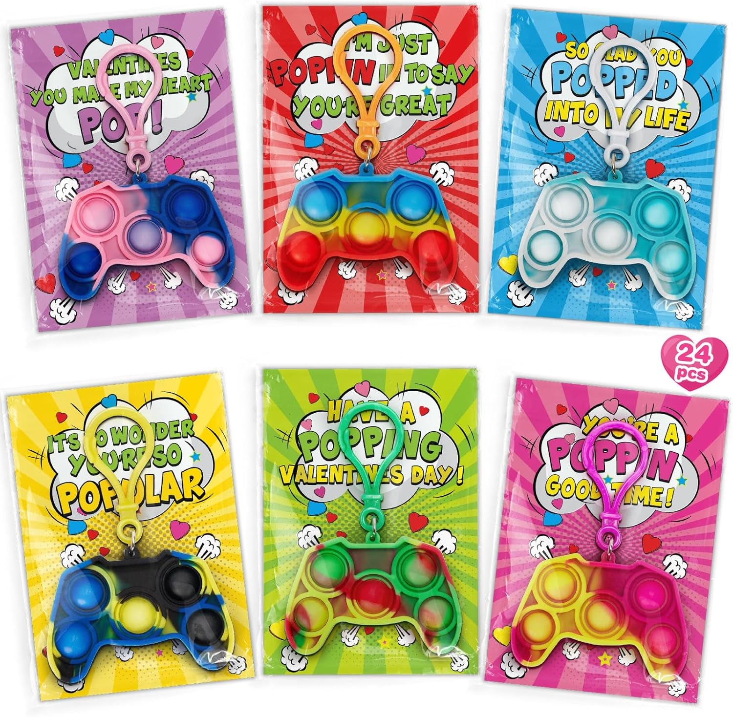 Valentines Cards for Kids Classroom, 24 Packs Game Shape Pop Fidget Keychains Bulk, Class Valentines Gifts for Kids, School Exchange Prizes & Party Favors for Boys Girls