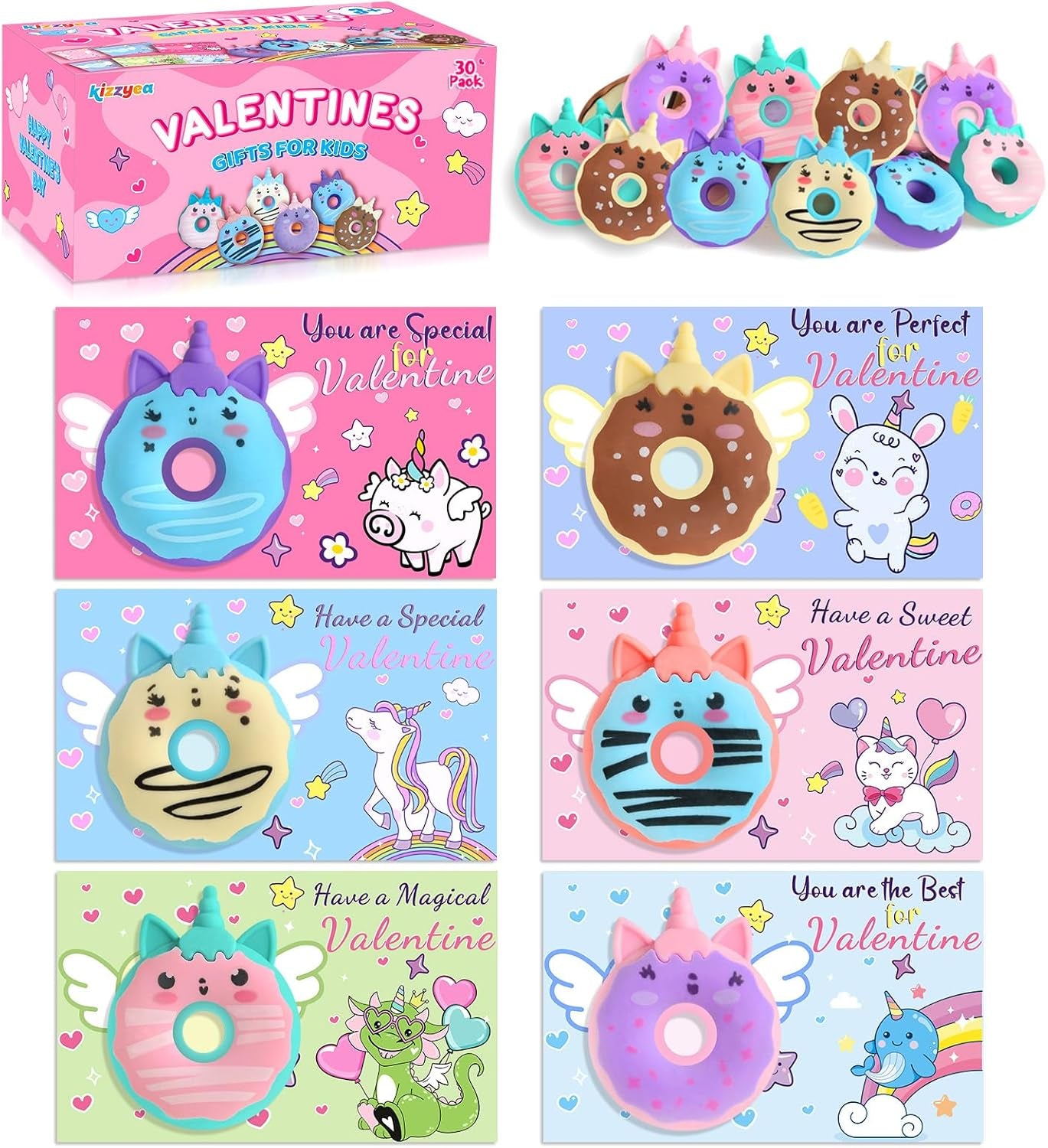 30 Pack Valentines Day Cards for Kids School, Donut Erasers with Greeting Cards, Valentines Day Gifts for Kids, Valentine Kids Party Favor, School Classroom Exchange Prizes for Boys Girls