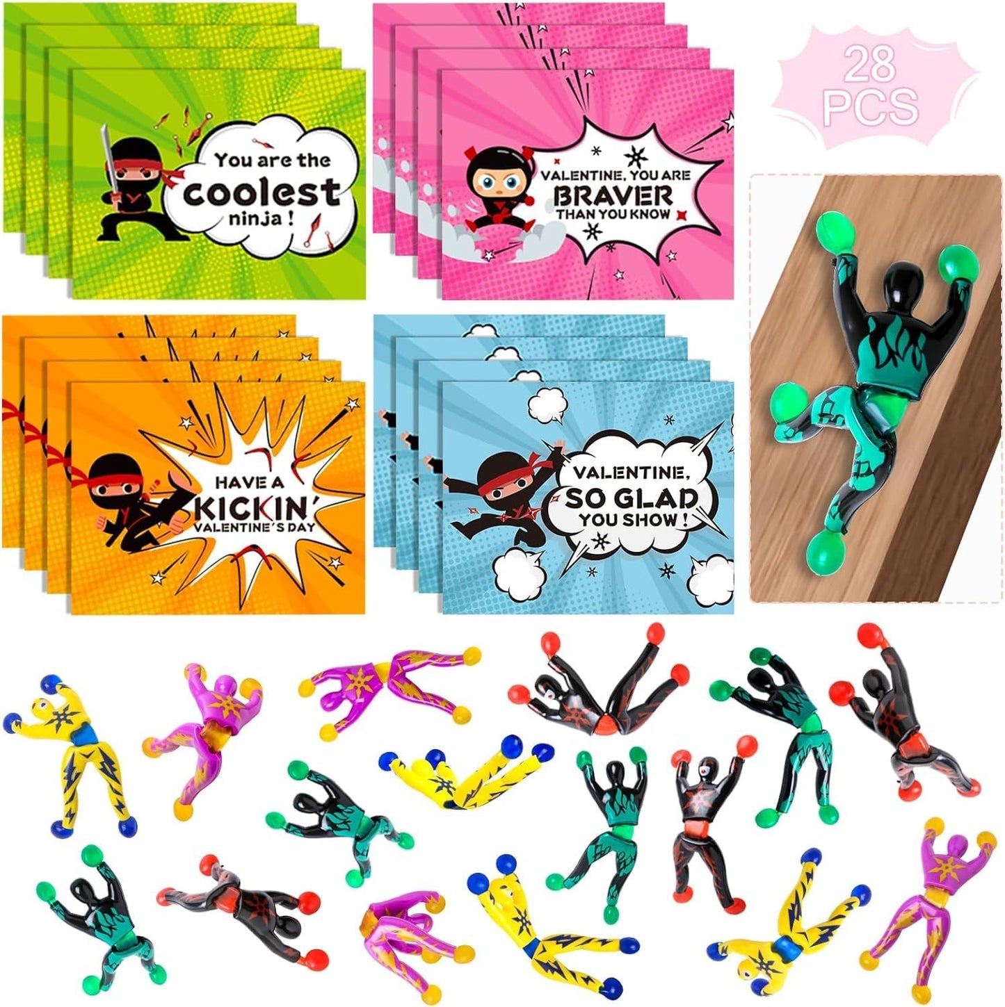 28 Packs Valentines Day Gifts Cards for Kids with Sticky Wall Climbing Men Ninja Set,Stress Relief Tricky Toys Wall Climbers for Kids Party Favor, Classroom Exchange Prizes, Valentine Greeting Cards