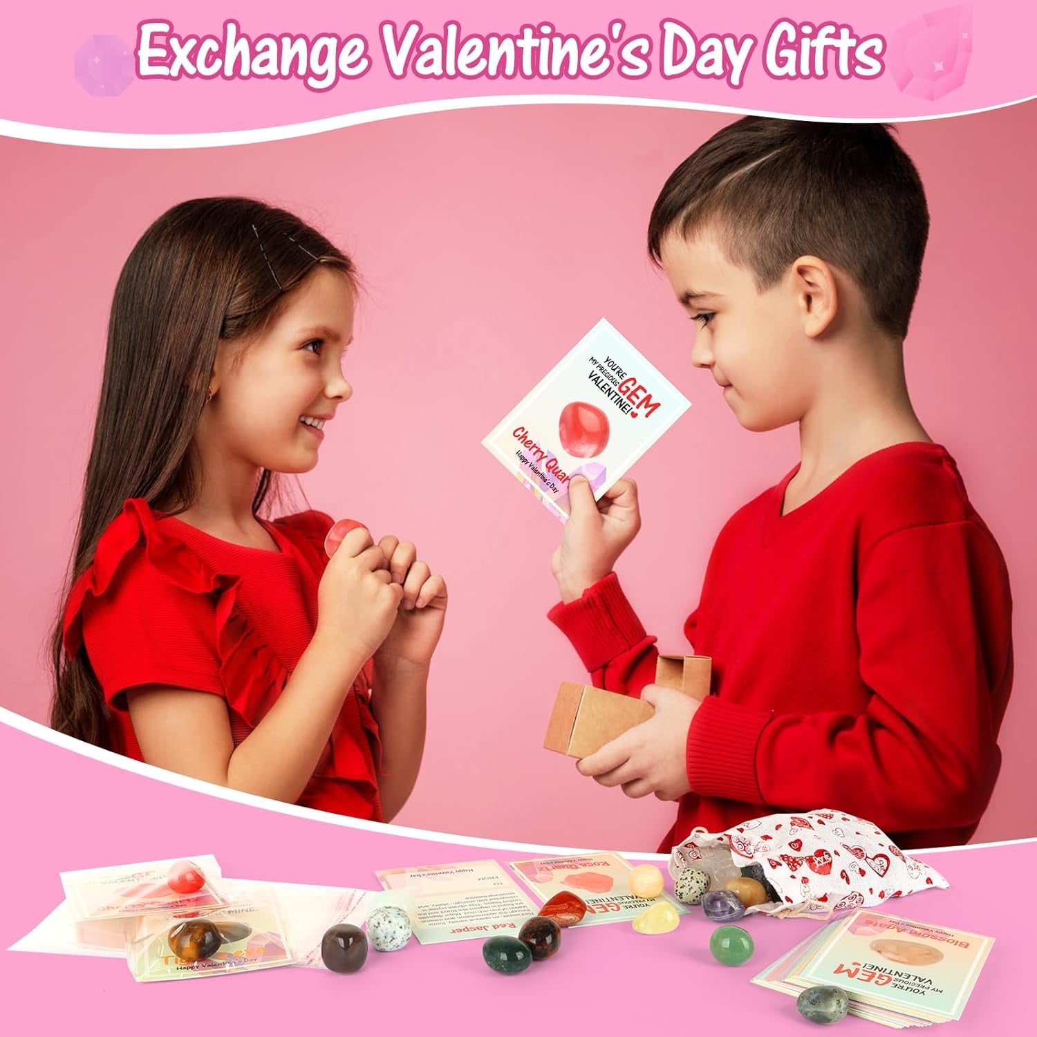 Valentines Day Gifts for Kids - 28 Pack Valentine Day Exchange Cards & Natural Gemstone Crystals Rocks Minerals Bulk,Valentines Day Cards for Boys Girls Classroom Party Favors