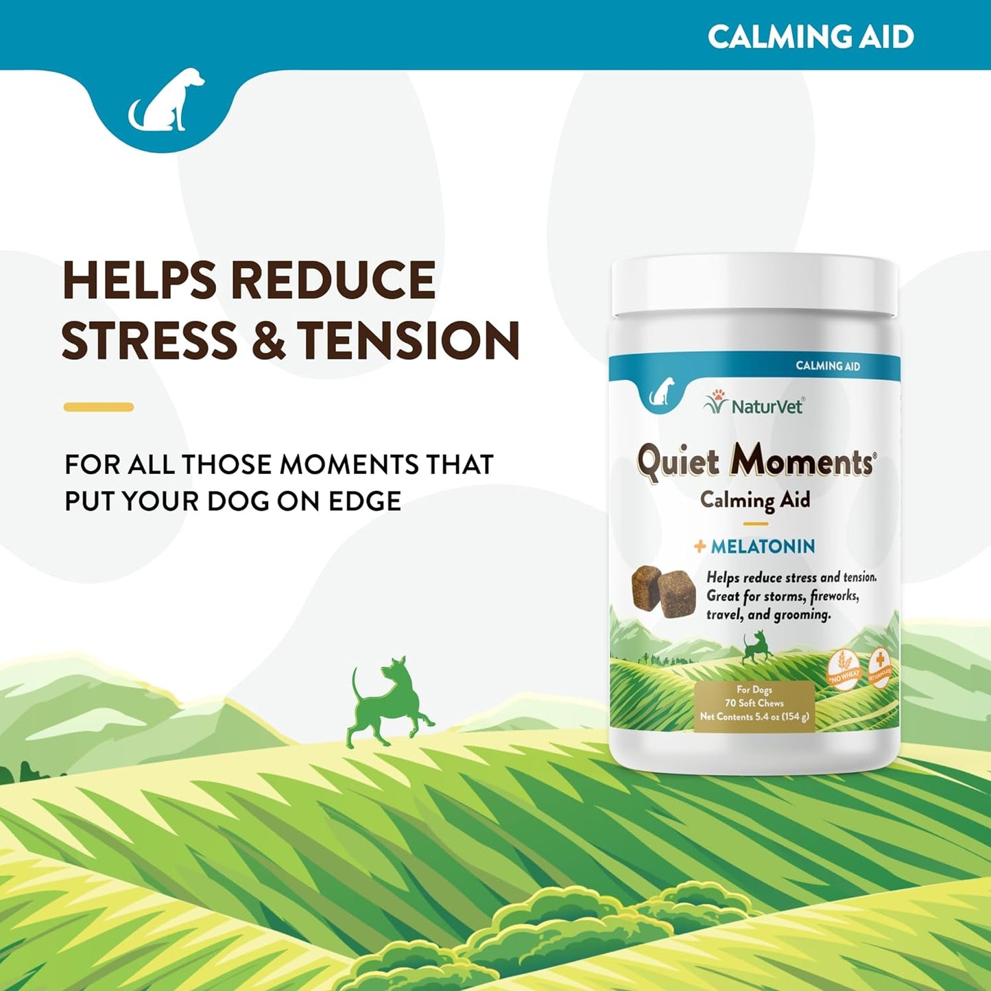 Quiet Moments Calming Aid Dog Supplement – Helps Promote Relaxation, Reduce Stress, Storm Anxiety, Fireworks, Motion Sickness for Dogs – Tasty Pet Soft Chews with Melatonin – 70 Ct.