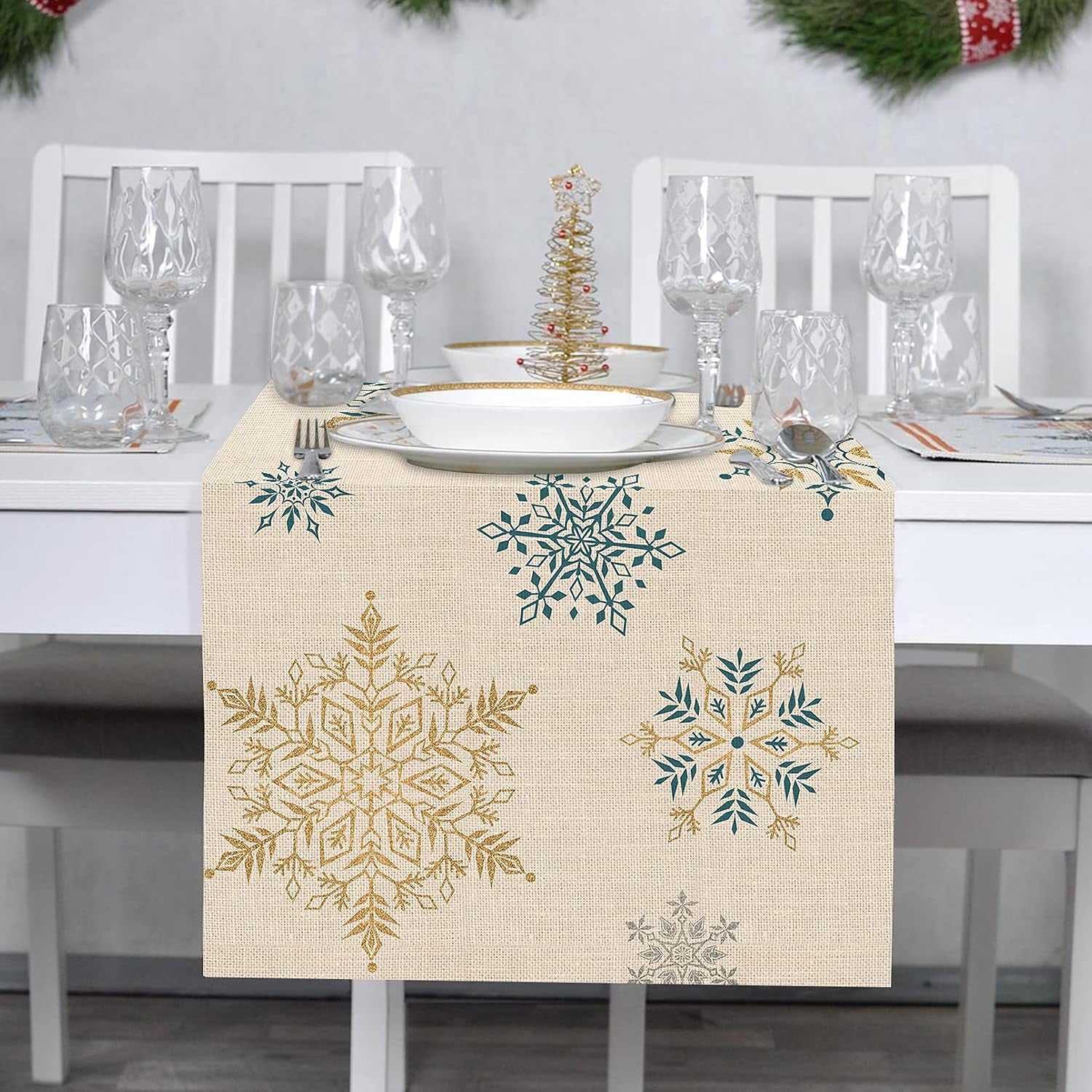 Winter Snowflakes Table Runner, Gold Blue Tabletop Scarf Home Kitchen Christmas Holiday Decor Sign, Seasonal Farmhouse Rustic Burlap Dining Decorations Party Supplies 13 X 72 Inch