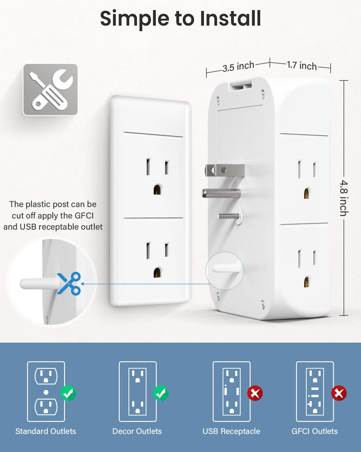 Wall Outlet Extender with Shelf and Night Light,Surge Protector,Usb Wall Charger with 5 AC Outlets and 3 USB Ports 1 USB C Outlet Wide Space 3-Sided Power Strip Multi Plug Outlets…