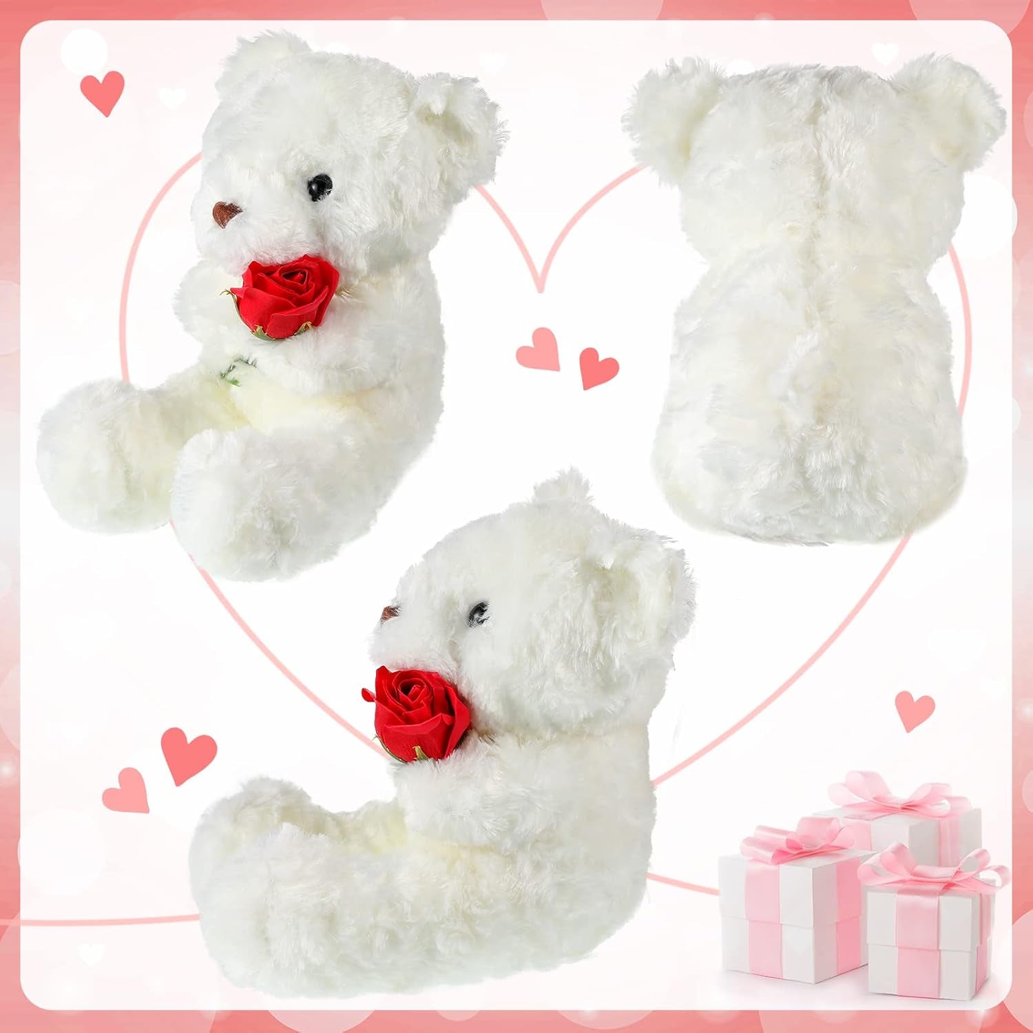 Valentine'S Day Plush Stuffed Animal Bear with Rose Funny Cute Stuffed Animal Plush Gifts for Girlfriend Valentine'S Day, 11.8 Inches(White)