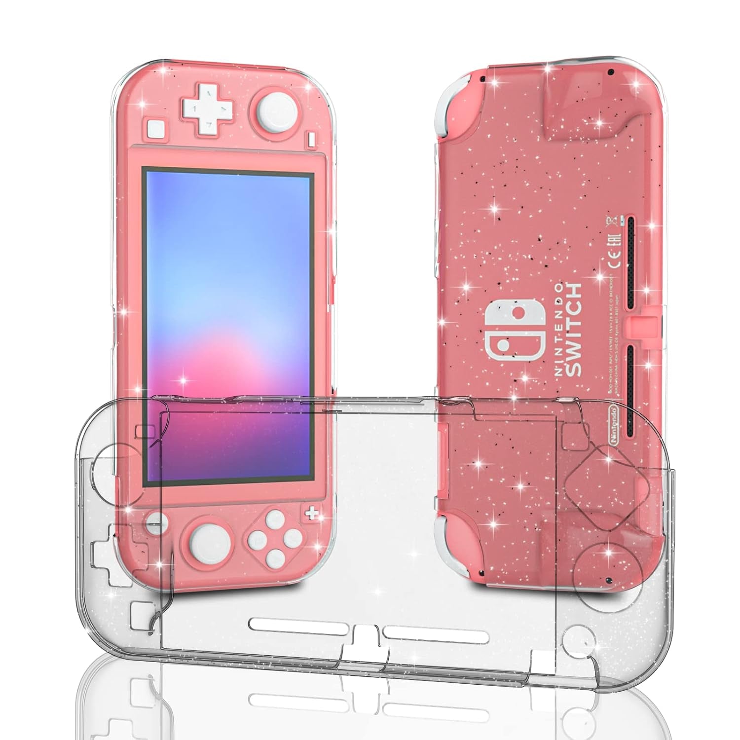 Portable Electronic Device Cover for Nintendo Switch Lite, Clear Hard Glitter Case - Compatible with up to 5.5 Inch Devices, Anti-Slip, Glitter Theme