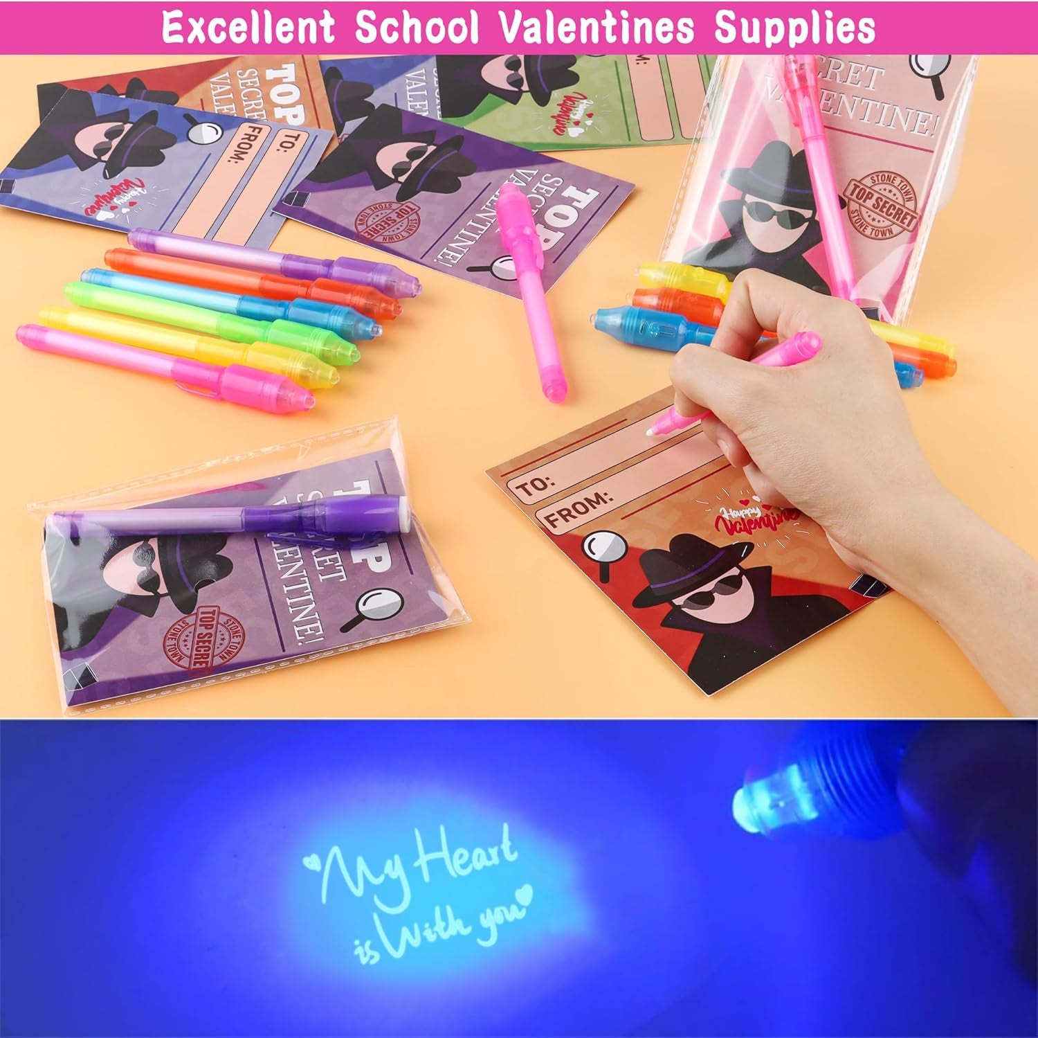 24 Pack Valentines Day Gifts for Kids Classroom Invisible Ink Pen with Valentines Cards, Valentines Party Favors for Kids School Spy Pen Magic Gifts Valentines Pens for Kids Class Exchange Card Prizes