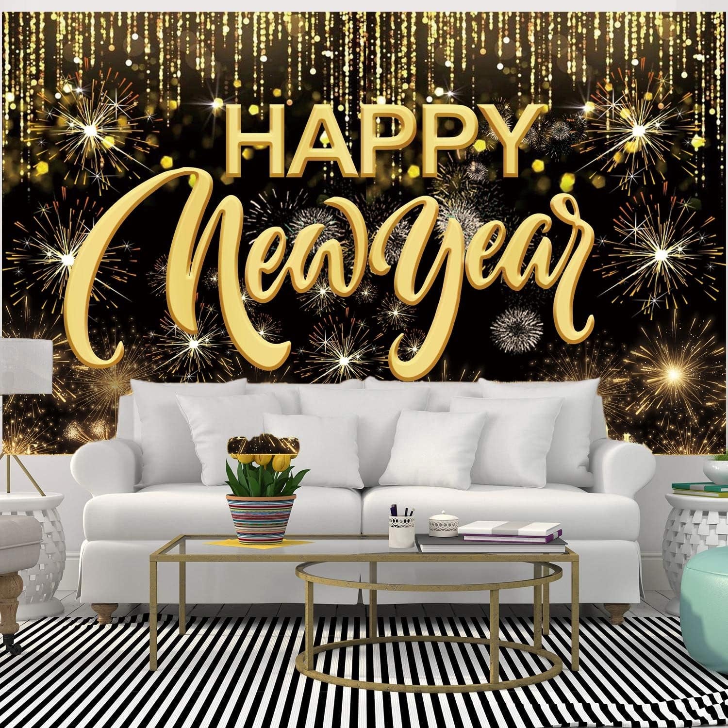 Happy New Year Hanging Extra Large Fabric Sign Poster Background Banner with Firework Pattern for New Year Party Decorations