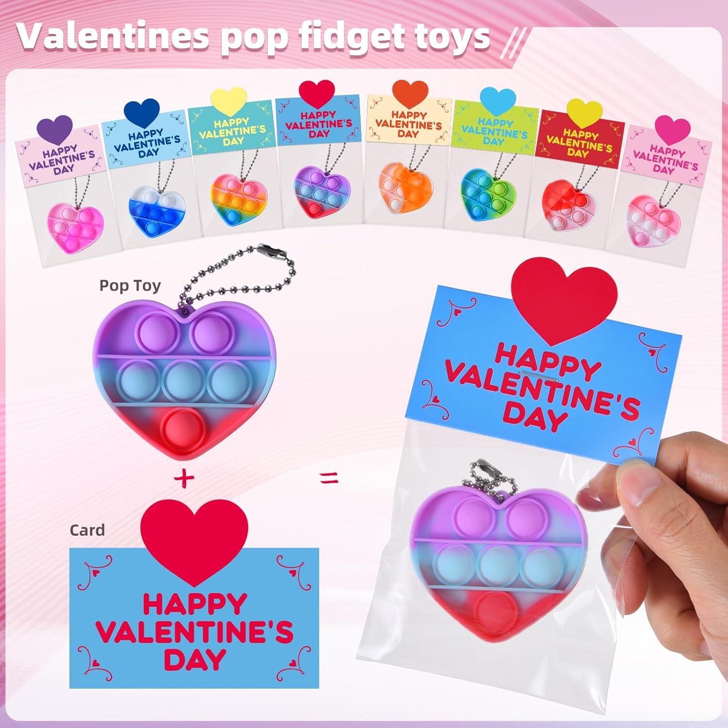 Valentines Day Cards for Kids, 24 Packs Heart Pop Valentines Fidget Toys Bulk Stress Relief Fidget Toys for Kids Valentine'S Party Favors School Classroom Exchange Gifts