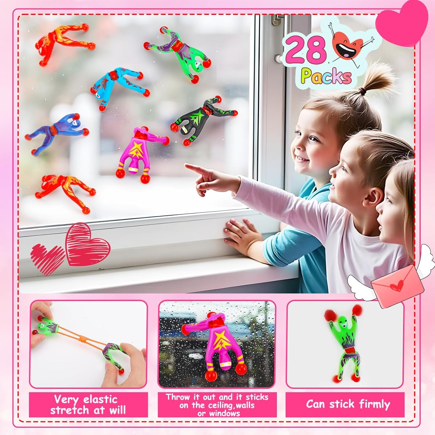 28 Packs Valentines Day Cards for Kids Classroom School with Sticky Wall Climbing Men Ninja Toys Valentine Party Favor for Boy Girl Birthday Goodie Bag Stuffers Class Prize Bulk Exchange Gifts