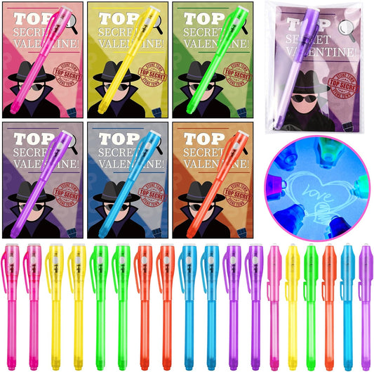 24 Pack Valentines Day Gifts for Kids Classroom Invisible Ink Pen with Valentines Cards, Valentines Party Favors for Kids School Spy Pen Magic Gifts Valentines Pens for Kids Class Exchange Card Prizes