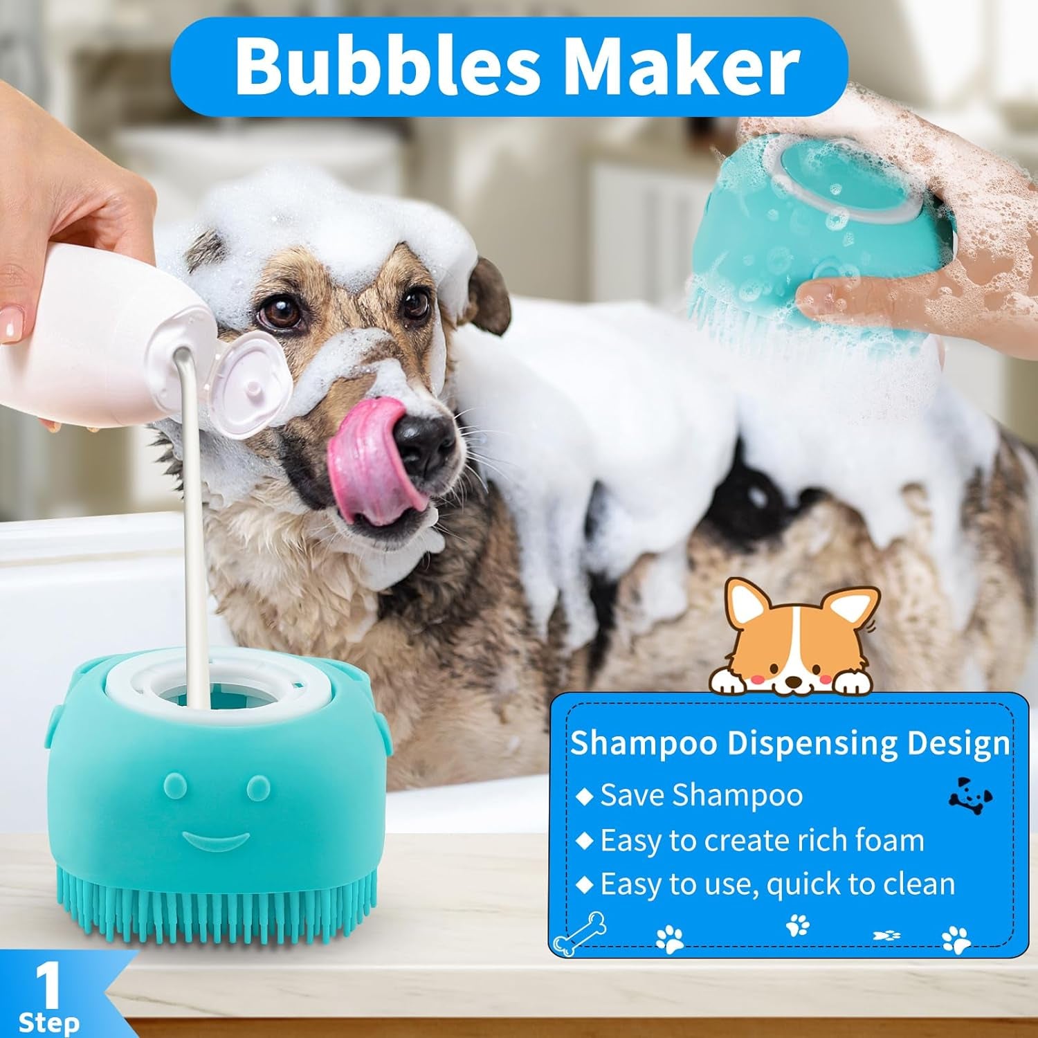 3PCS Dog Bath Brush | Dog Shampoo Brush | Dog Scrubber for Bath | Dog/Grooming/Washing Brush Scrubber with Adjustable Ring Handle for Short & Long Haired Dogs/Cats (Blue Blue White)