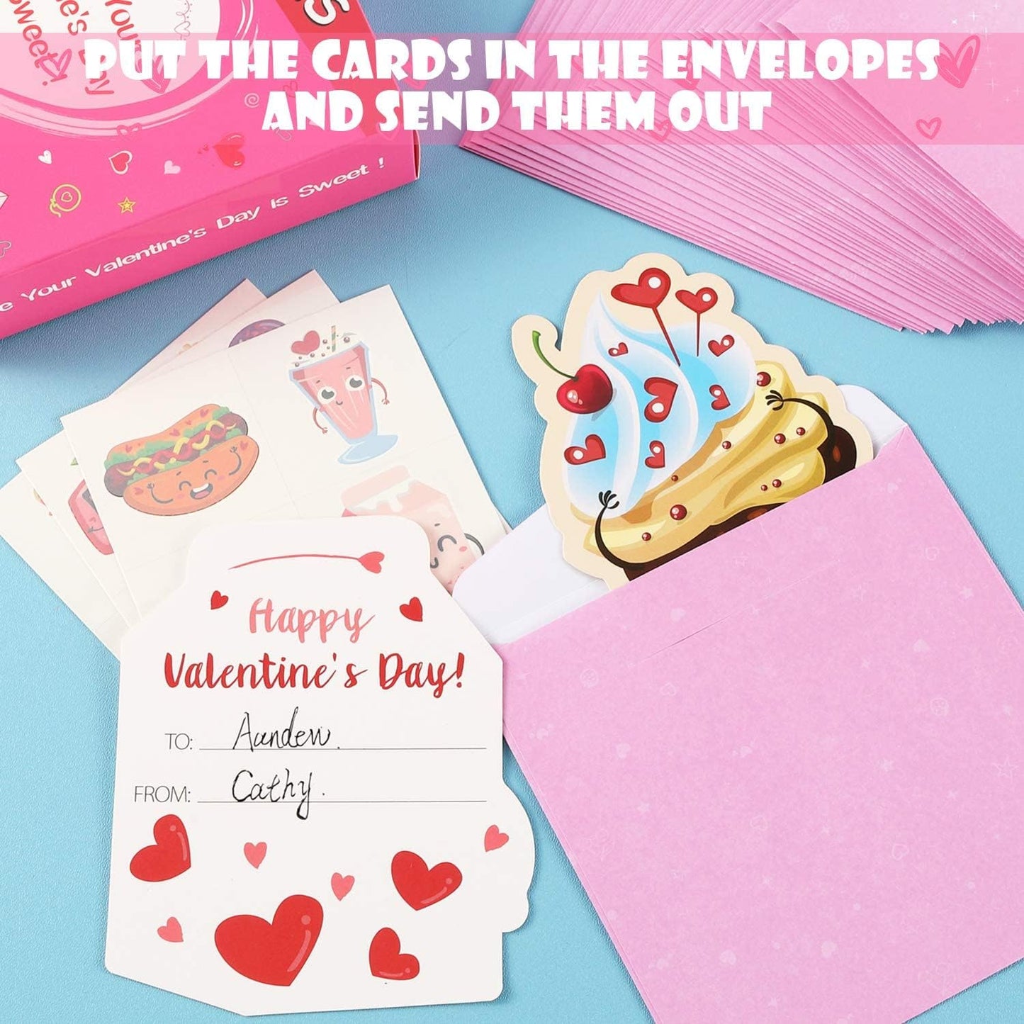 Valentines Day Cards for Kids, 36 Pack Kids Valentines Day Cards with Cute Temporary Tattoos, Pink Envelopes & 80PCS Stickers, Valentines Cards for Classroom Exchange