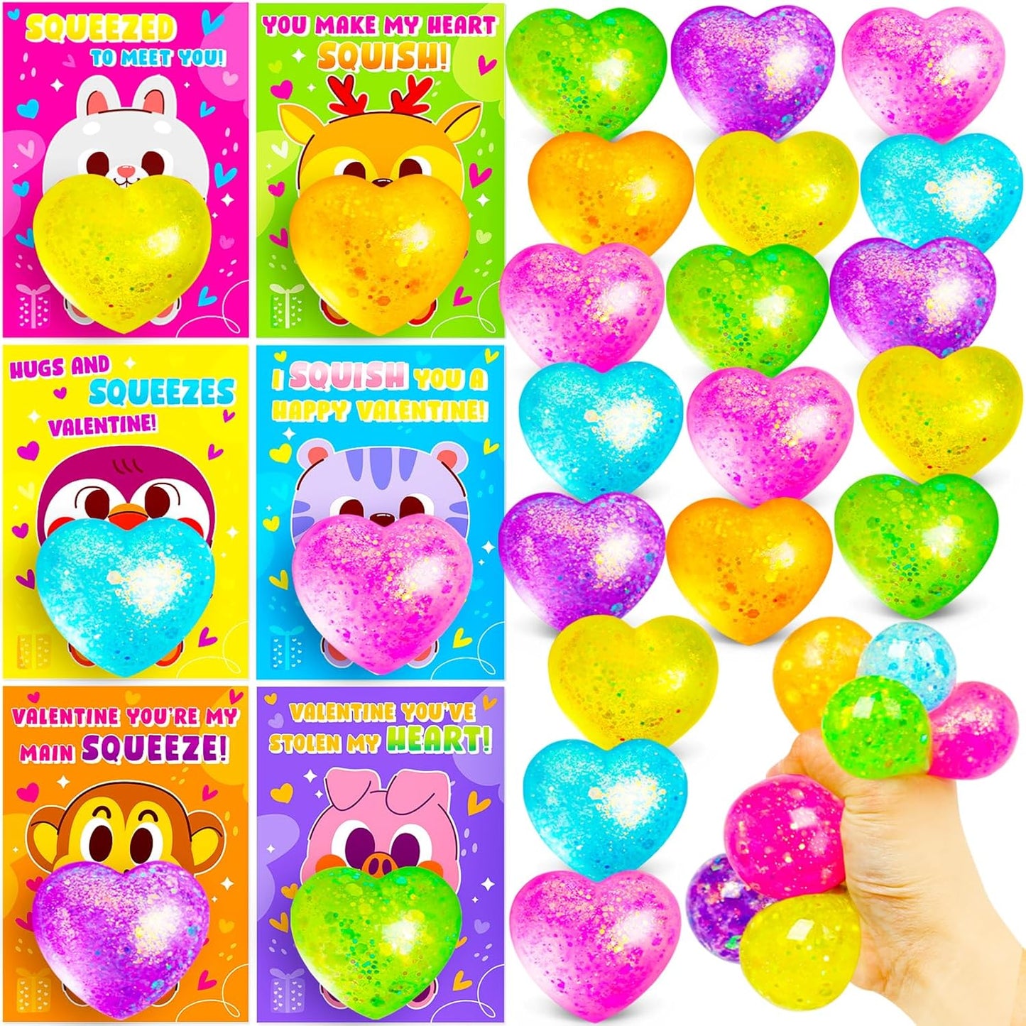 24Pack Valentines Day Gifts for Kids Classroom Heart Stress Balls with Valentines Day Cards for Kids School Class Exchange Fidget Sensory Mochi Squishy Toys Valentine Party Favors for Toddler Boy Girl