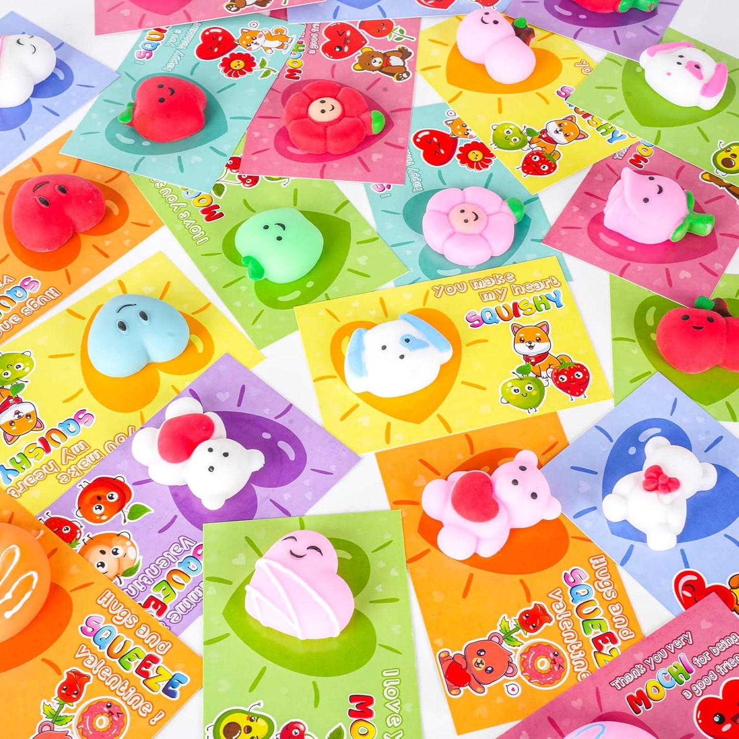 28 Packs Valentines Day Gift Cards with Cute Kawaii Mochi Squishy to Squeeze for Kids School Classroom Valentine’S Exchange Greeting Cards Party Favors