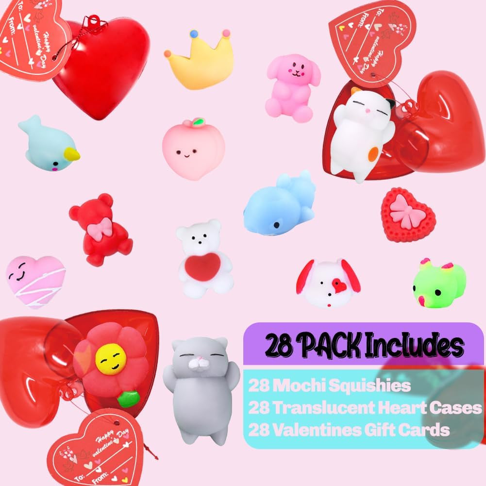 Valentines Party Favors Set, 28 Pcs Mochi Squishies Toys Filled Hearts and Valentines Day Cards for Kids Valentine'S Day Exchange Gift, Kawaii Stress Relief Anxiety Toys for Valentine Basket Stuffers