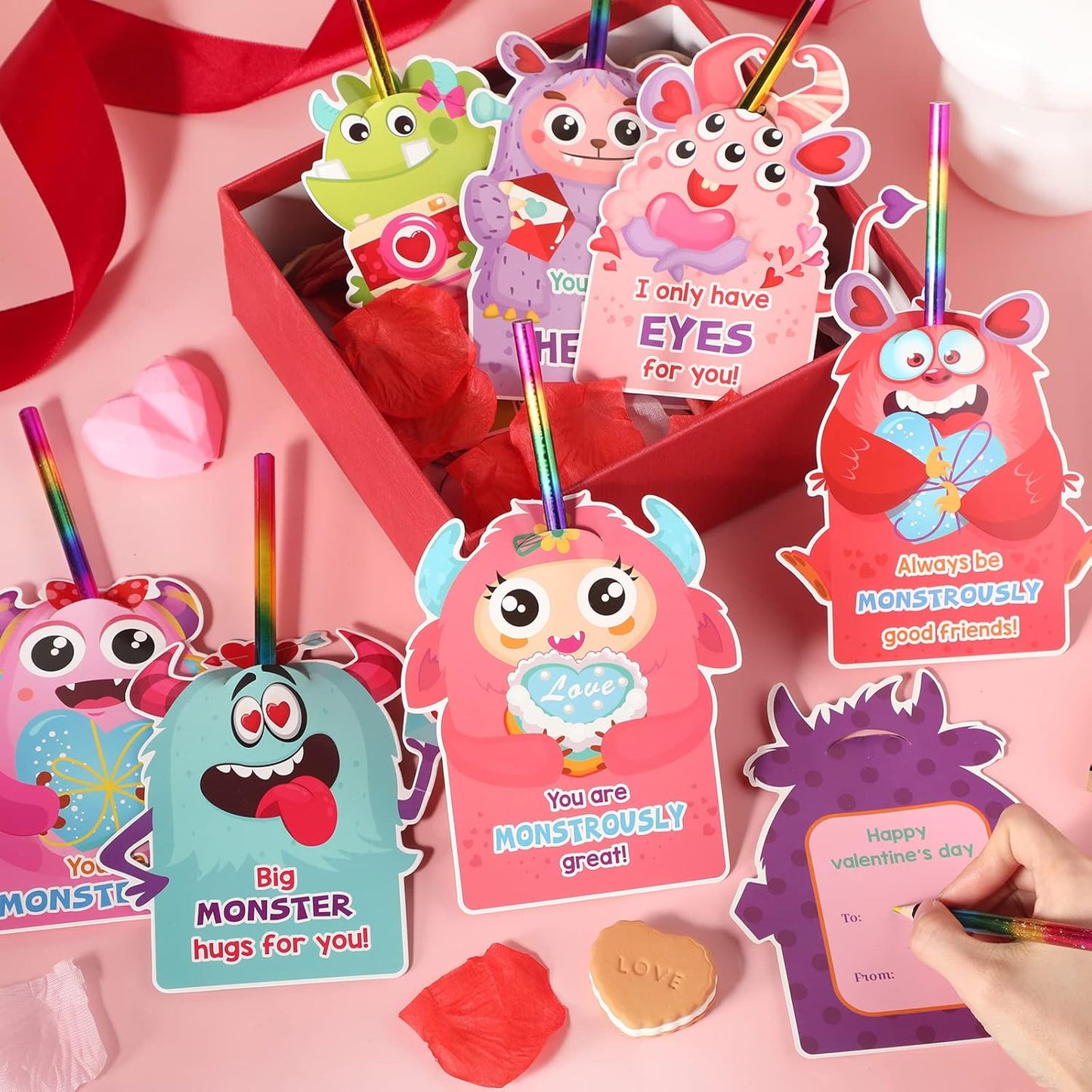 24 Pack Valentines Cards with Rainbow Pencil Valentines Day Cards Pencils Valentine Cards Party Favor for Girls Boys School Classroom Exchange Gifts Prizes Supplies(Monster)