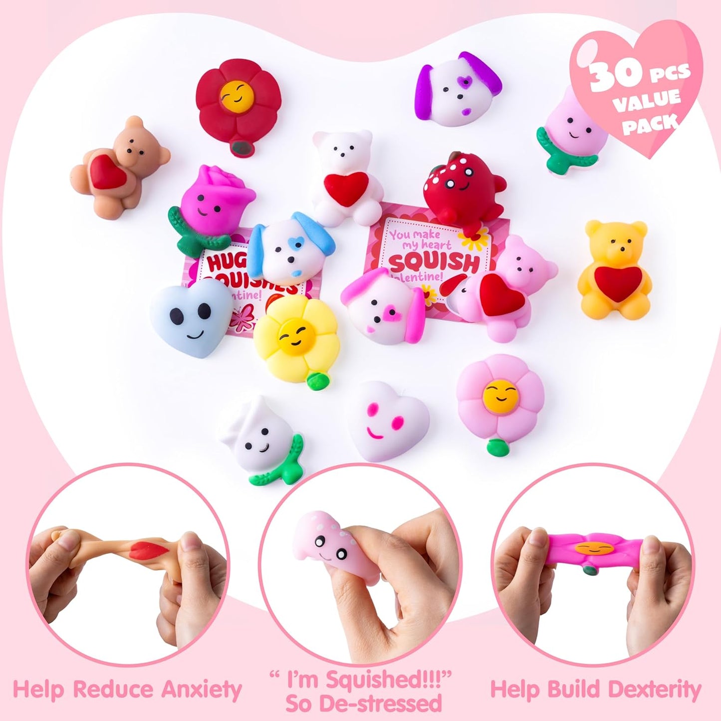 30 Packs Valentine’S Day Gift Cards with Mochi Squishy Toys, Kawaii Squeeze Toys with 6-Design Hangers, Stress Relief Fidget Toys for Kids Valentine'S Party Favors, School Classroom Exchange