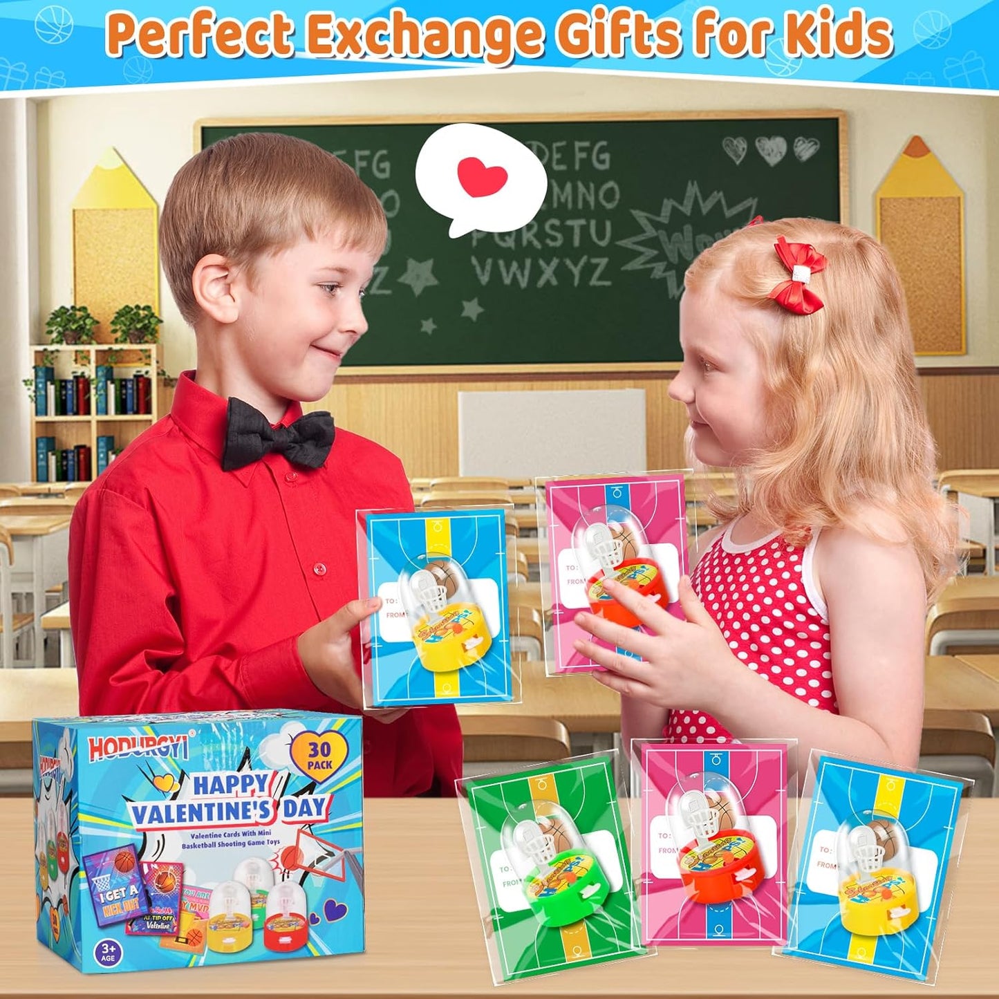 30 Pack Valentines Day Gifts for Kids for Classroom, Valentine'S Exchange Greeting Cards with Mini Basketball Shooting Games Sports Gift Cards Finger Basketball Toy, Classroom Gifts Exchange Prize