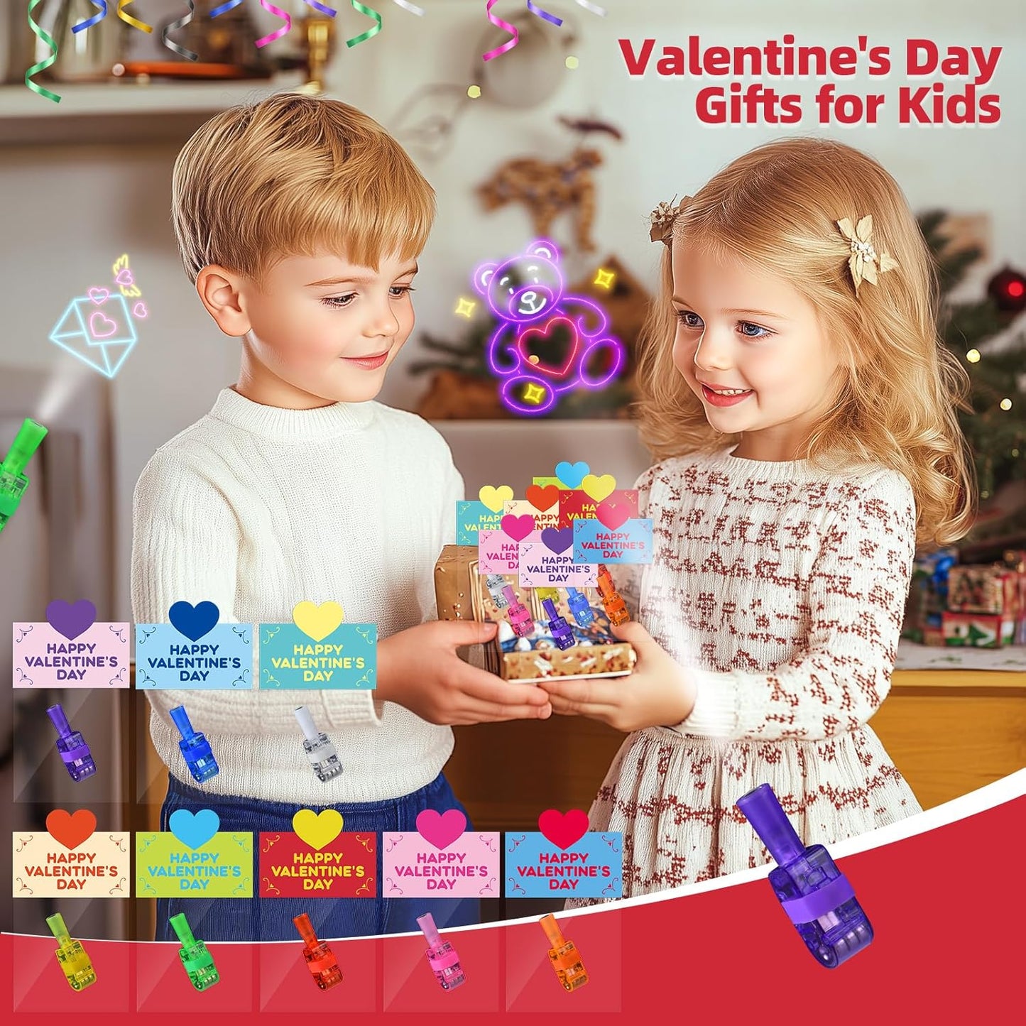 Valentines Day Gifts for Kids, 24 Packs Valentines Cards with LED Finger Lights Valentines Light up Toys for Kids School Classroom Exchange Valentine’S Day Party Favors Gifts