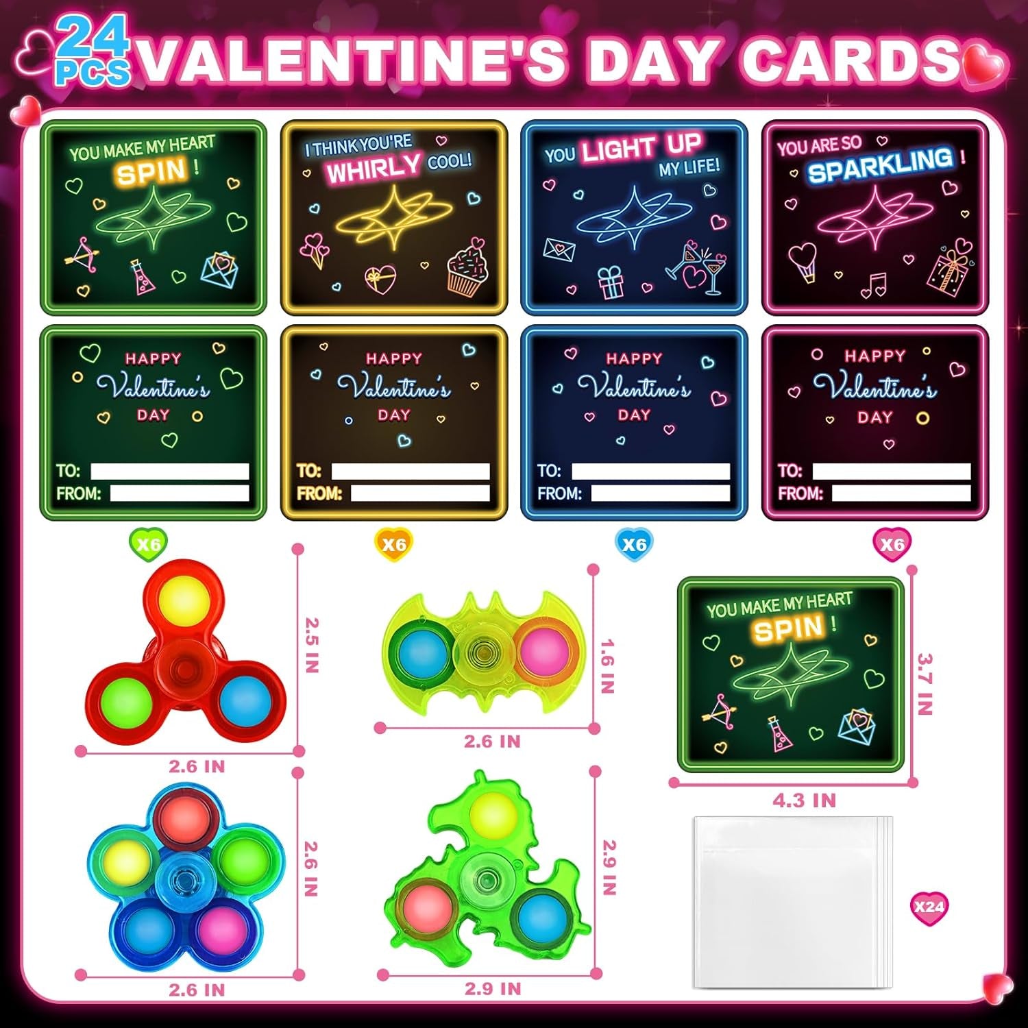 Valentines Day Cards for Kids, 24 Pack Light up Fidget Spinners with Valentines Day Cards for Valentine School Party Favors for Kids Boys Girls, Kids Exchange Valentines Day Gifts