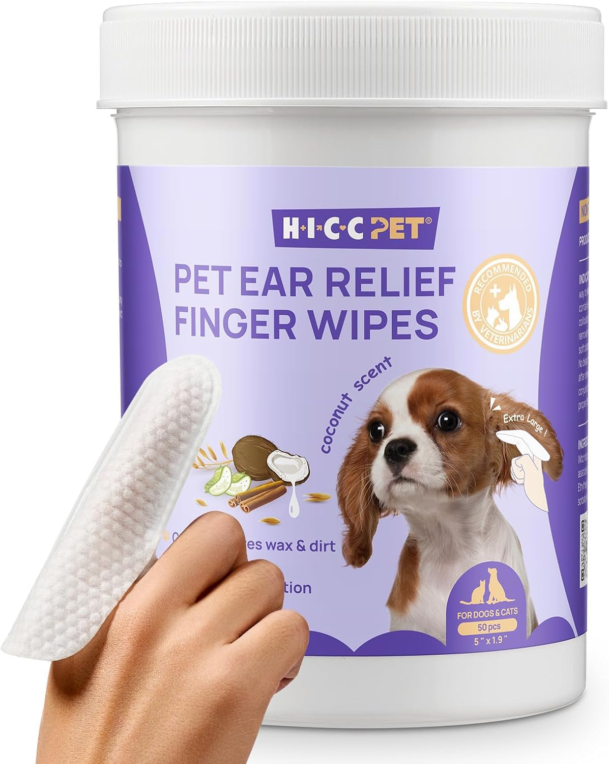 Dog Ear Wipes Finger 50 Count Dog Ear Cleaner Wipes for Dogs & Cats, Dog Ear Infection Treatment to Relieve Ear Itching & Inflammation, Remove Ear Wax, Dirt, Smelly - Fresh Coconut Scent