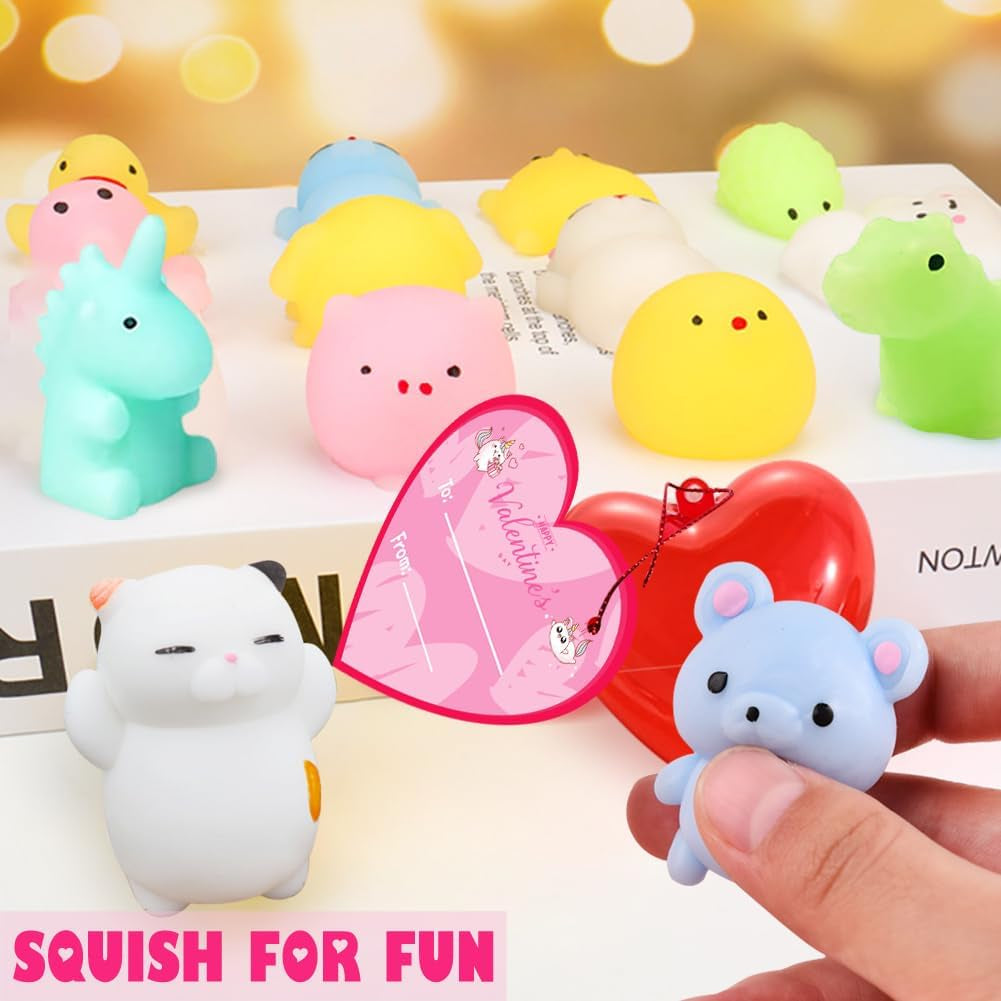 28 Pcs Valentine Mochi Squishies Toys Filled Hearts with Valentines Day Cards for Kids, Kawaii Stress Relief Squishies Toy for Valentine'S Party Favors Boys Girls Exchange Gifts Classroom Prizes