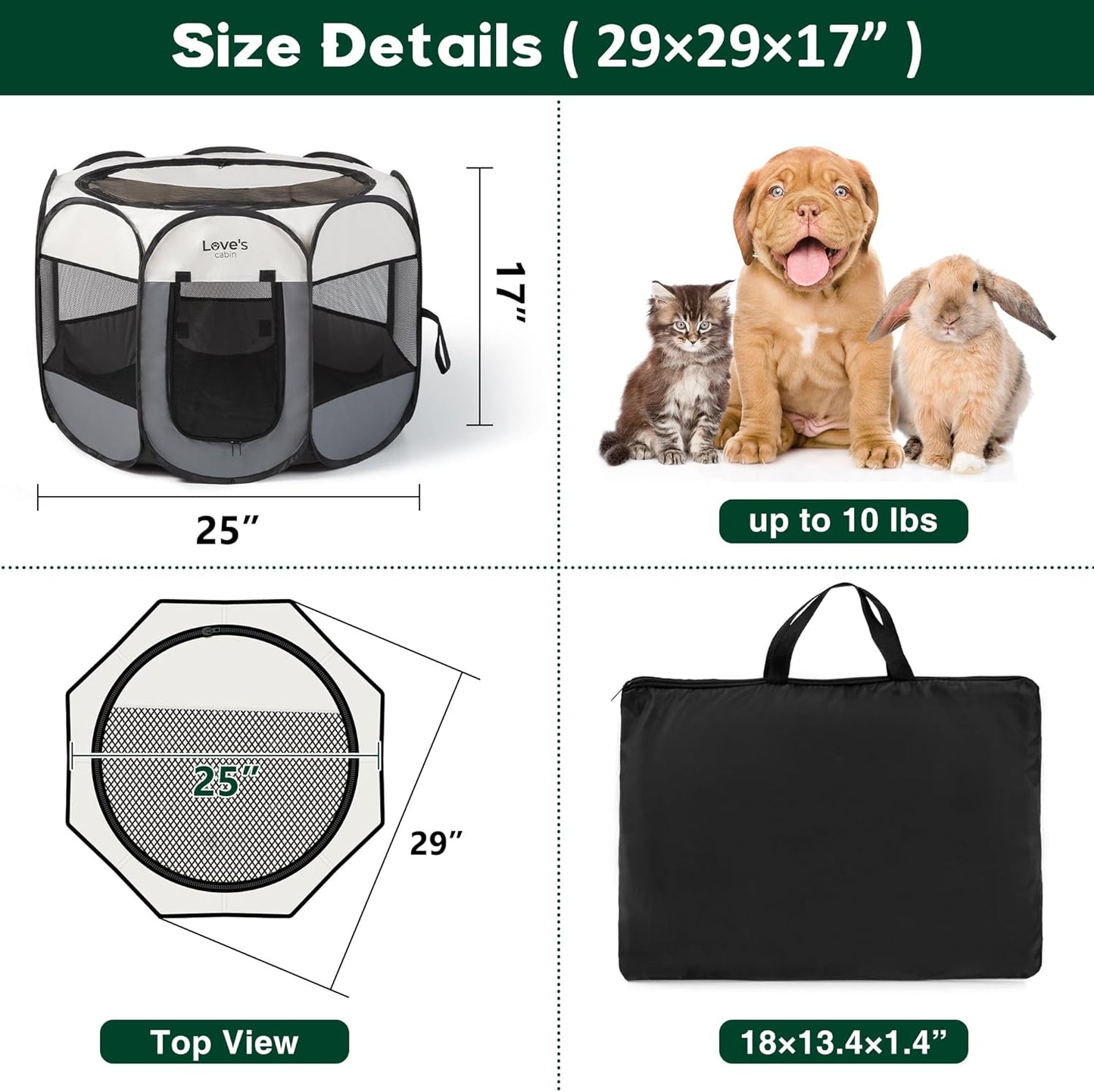 Pet Puppy Dog Playpen, Small Dog Tent Crates Cage Indoor/Outdoor, Portable Playpen for Dog and Cat, Foldable Pop up Dog Kennel Playpen with Carring Case, Removable Zipper Top, Grey