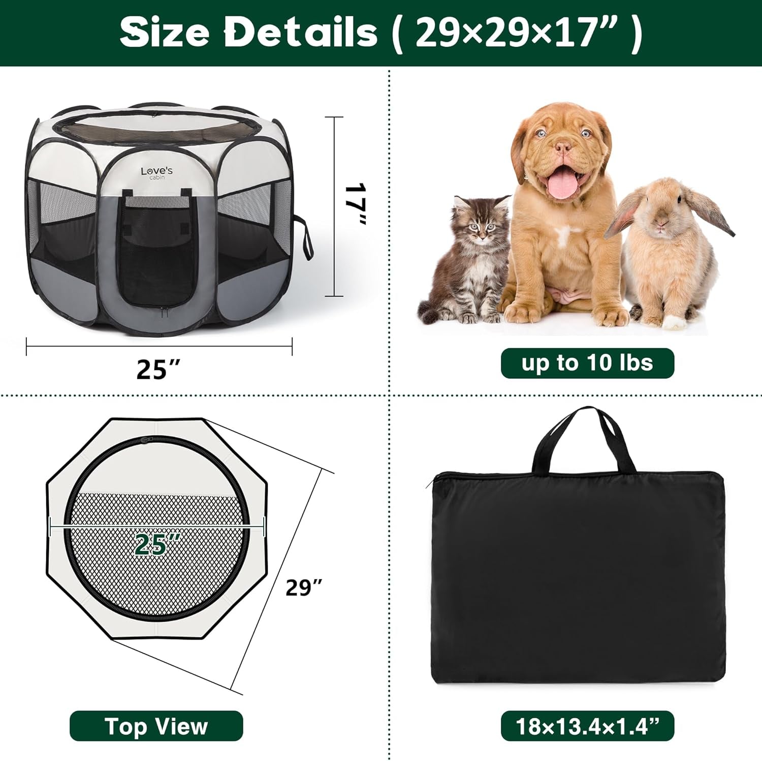 Pet Puppy Dog Playpen, Small Dog Tent Crates Cage Indoor/Outdoor, Portable Playpen for Dog and Cat, Foldable Pop up Dog Kennel Playpen with Carring Case, Removable Zipper Top, Grey