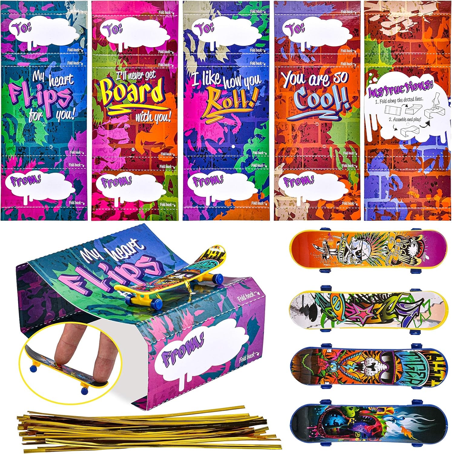 28 Pcs Valentines Day Finger Skateboards with Cards for Kids, Valentine Party Favor, Greeting Cards, Classroom Exchange Prizes, Holiday Reward Gifts, Finger Skateboard Toys