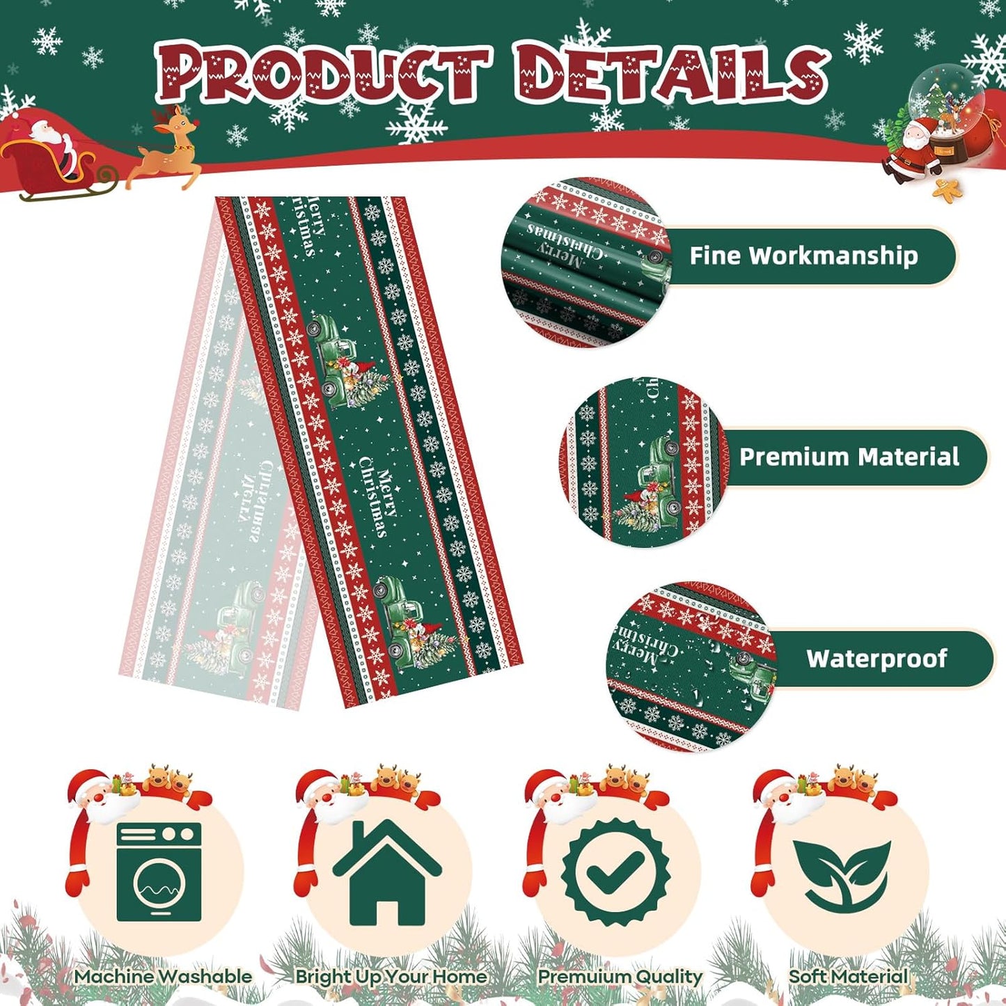 Christmas Table Runner, Red Green Truck Snowflake Santa Claus Christmas Runner for Table, Christmas Table Runners 72 Inch Long Xmas Kitchen Dining Table Decorations for Home Winter Party Decor