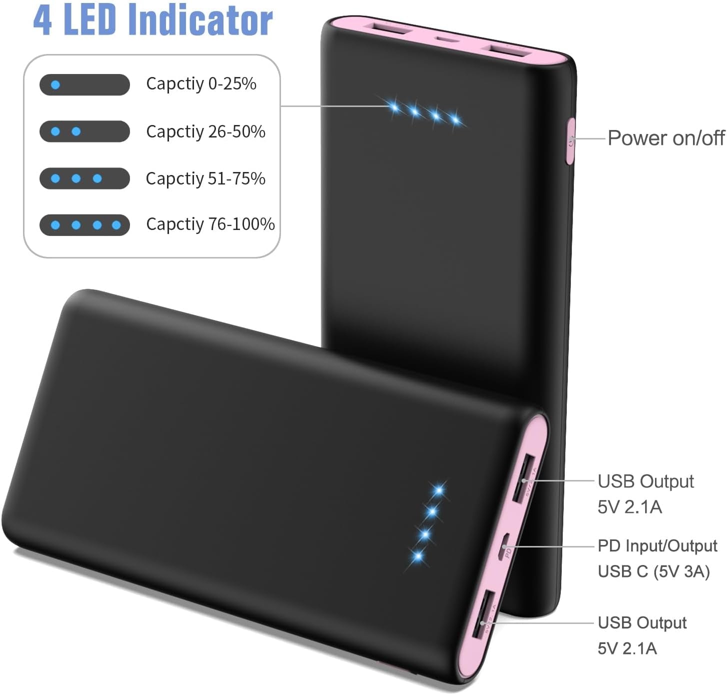 Portable Charger Power Bank 25800Mah, Ultra-High Capacity Fast Phone Charging with Intelligent Controlling IC, 2 USB Port External Cell Phone Battery Pack Compatible with Iphone,Android-Pink