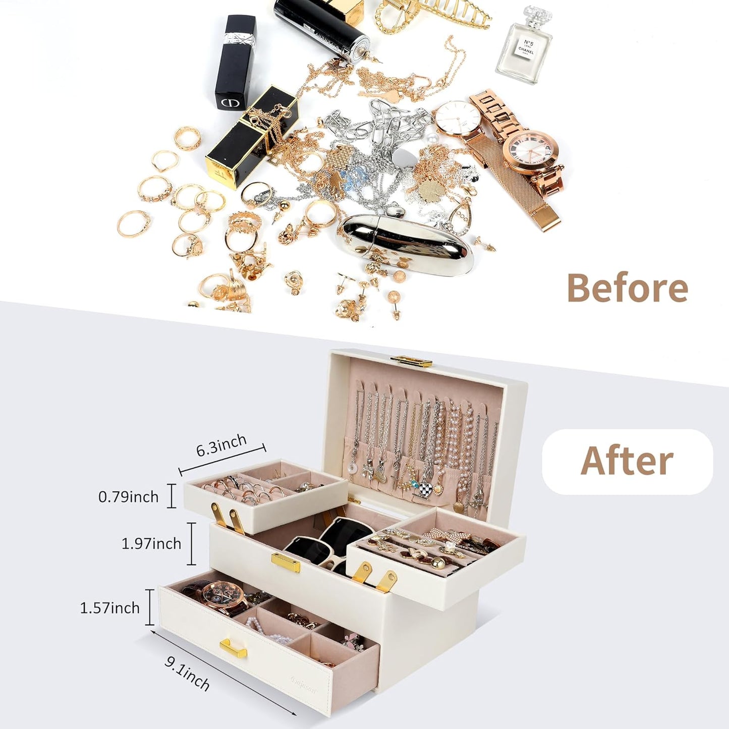 Jewelry Box for Women, 3 Layers Large Jewelry Organizer Box, Jewelry Storage Case for Earring, Ring, Necklace, Bracelets (Cloud White + Gold)