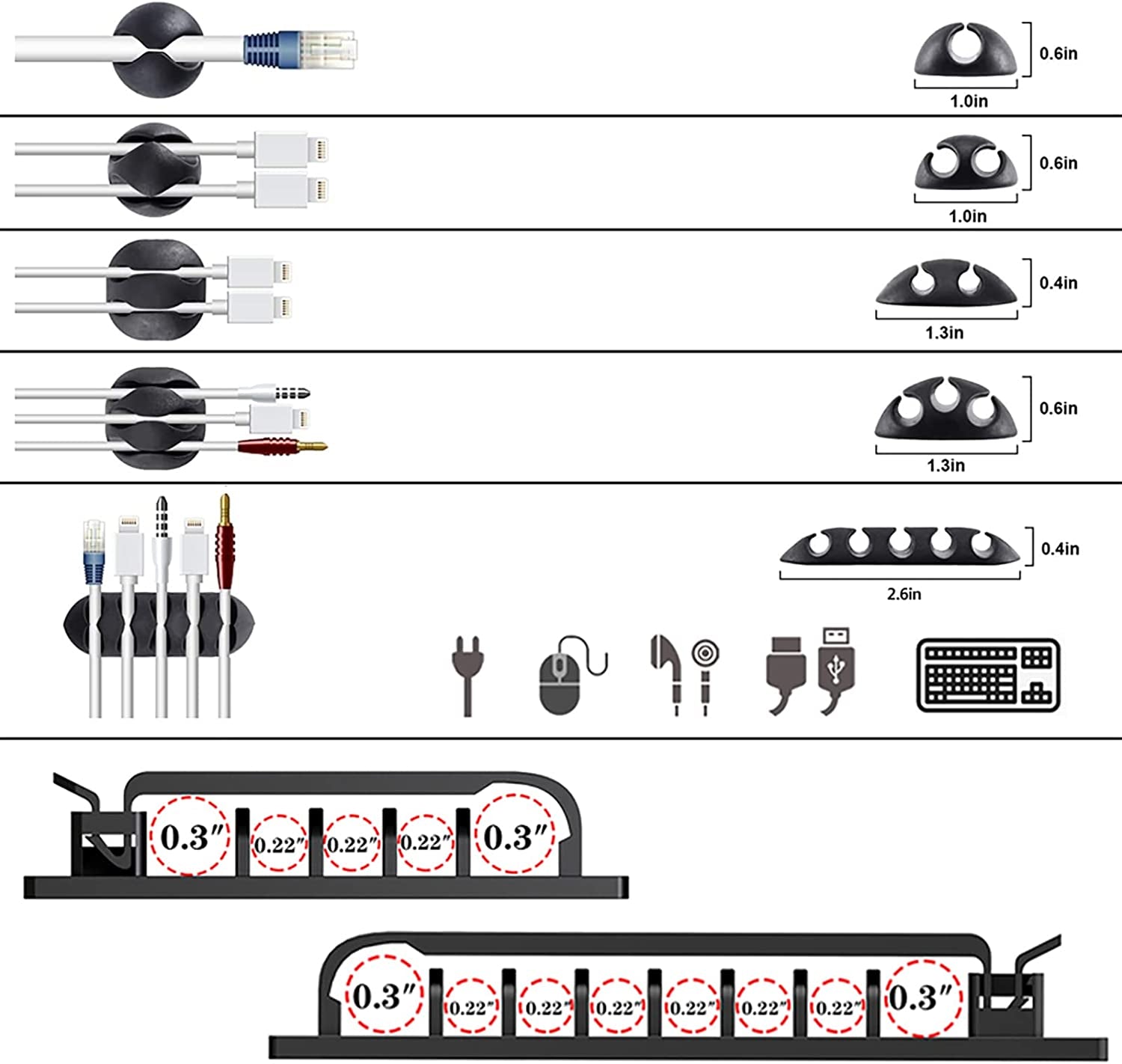 192 PCS Cable Management Kit 4 Wire Organizer Sleeve,11 Cable Holder,35Cord Clips 10+2 Roll Cable Organizer Straps and 100 Fastening Cable Ties for Computer TV under Desk, Black,Clear