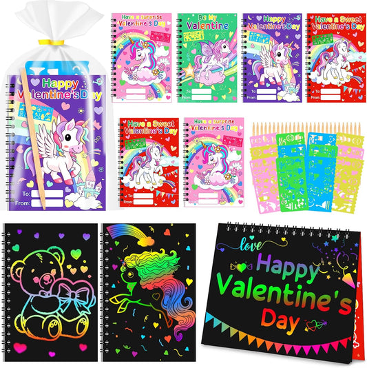 Valentines Day Cards Gifts for Kids 24 Scratch Paper with Valentines Unicorn Cards Bulk Scratch Art Notebook Valentines Classroom School Exchange Prizes for Girls Boy Students Toddlers Party Favor Bag