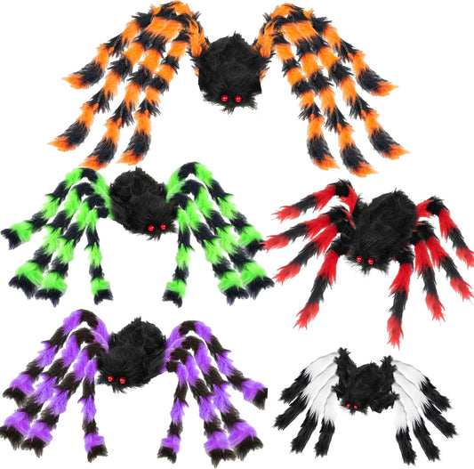 5Pcs Halloween Spiders Decorations, Realistic Giant Spiders Set, Hairy Plush Colored Large Spider for Outdoor Indoor Prop Yard Lawn Decor (50", 35", 30", 20", 20")