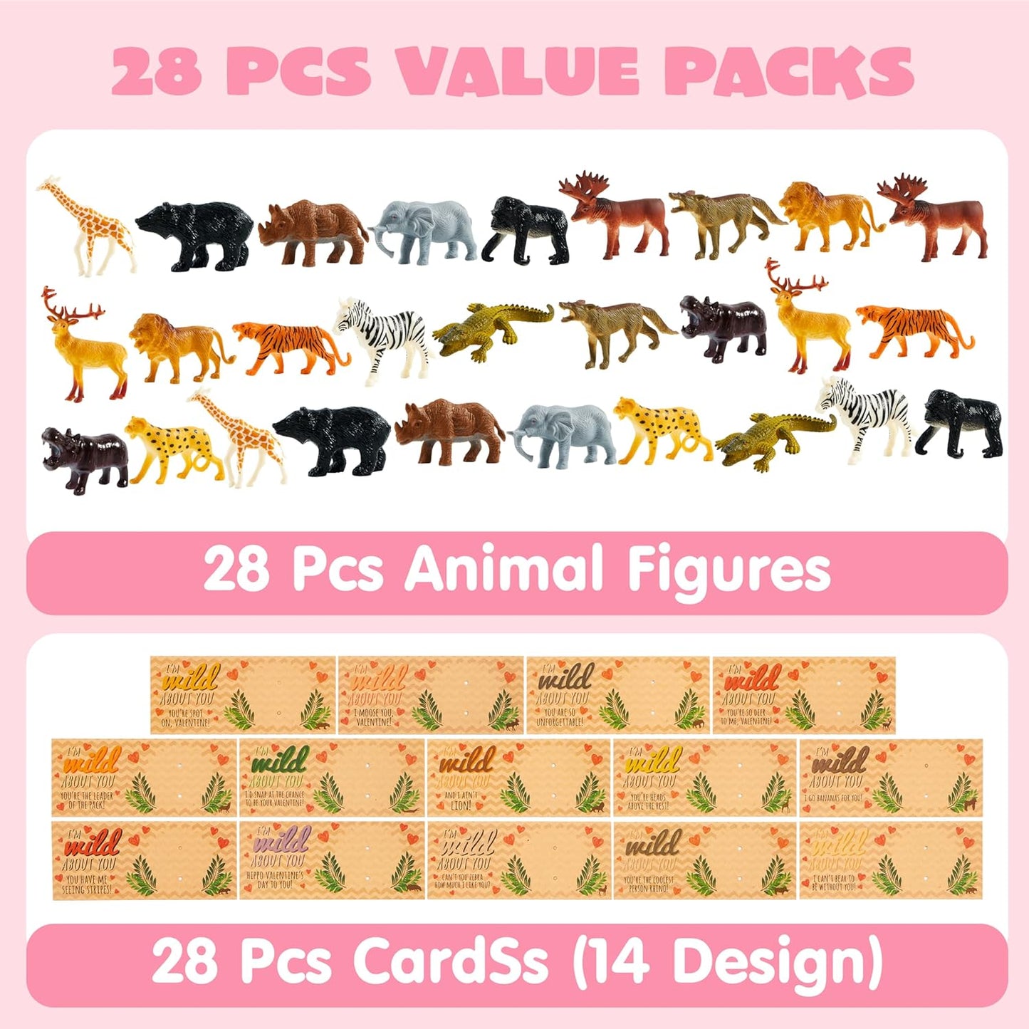 28Pack Valentines Day Gifts Cards with Zoo Animals Figures for Boys Girls, Valentine'S Greeting Cards for Classroom Exchange, Kids Party Favors School Game Prize Toys