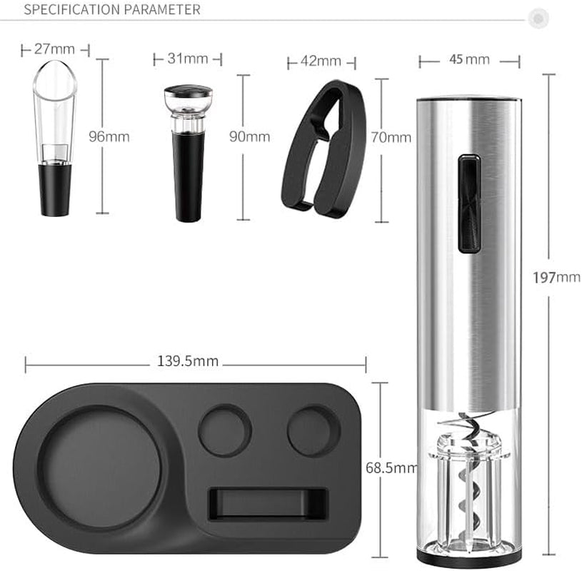 5 in 1Electric Bottle Opener Set, Equipped with Electric Bottle Opener, Foil Cutting Machine, Wine Aerator, Storage Rack, Vacuum Plug, Ideal Christmas Gift.(Silvery)