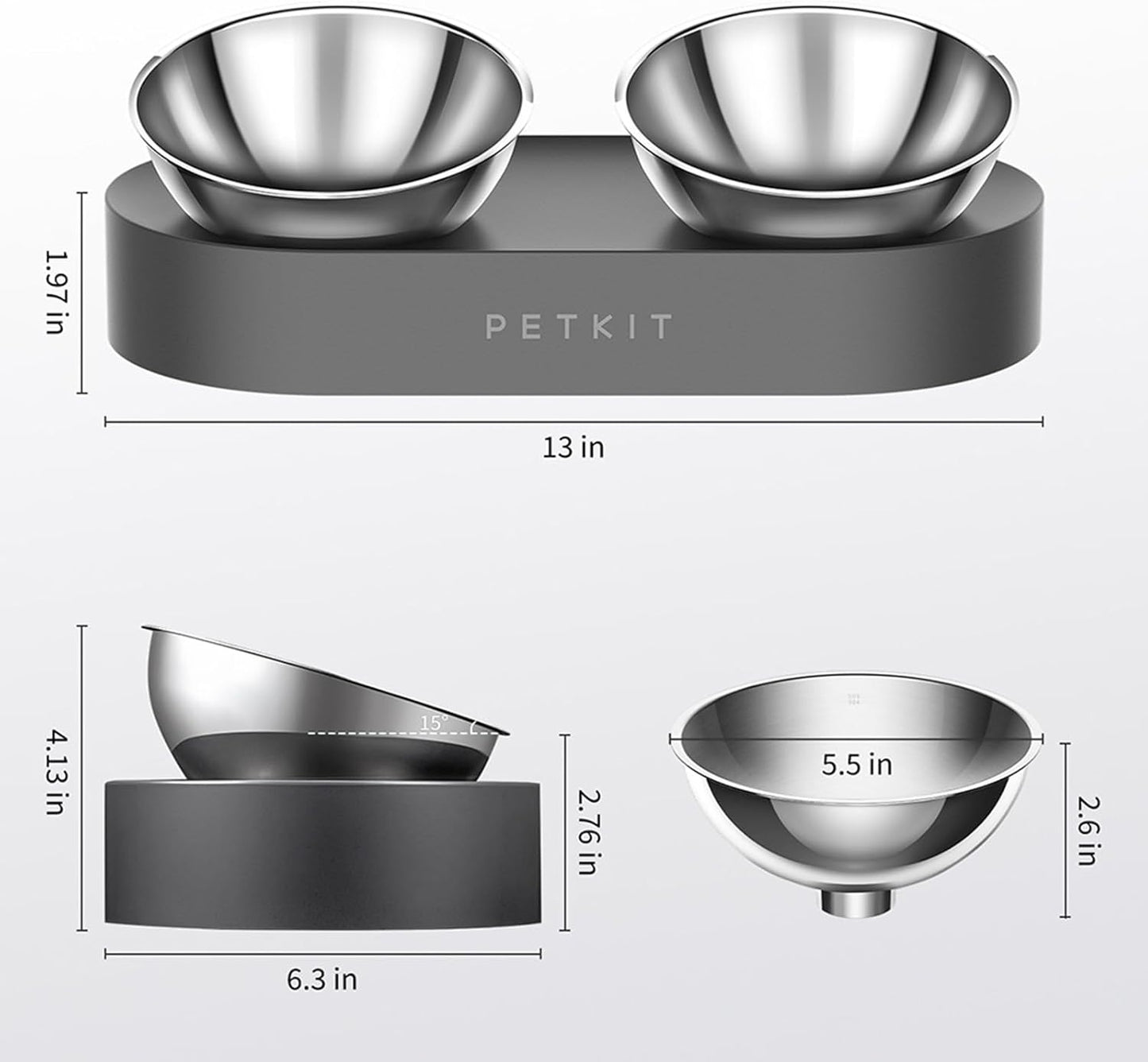 Raised Dog Cat Food Bowl 304 Stainless Steel, Elevated Pet Food and Water Bowl Dishes, Elevated Cat Bowls, Non-Slip Tilted Cat Bowl No Spill