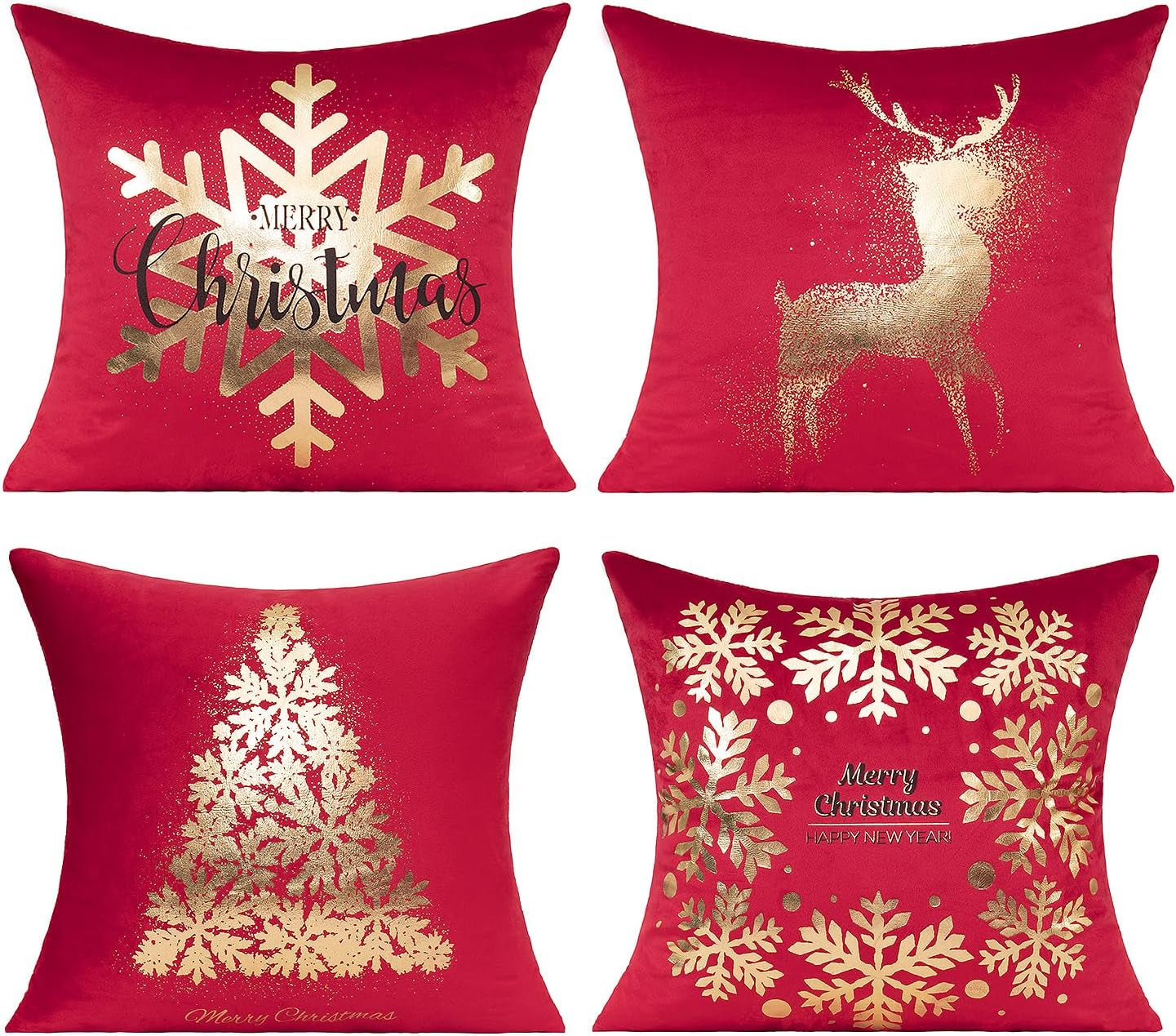 Red Gold Christmas Decorations Throw Pillow Covers Cases 18X18 Set of 4 Turquoise Xmas Indoor Home Décor Ornaments Velvet Navidad Cushion for Sofa Couch Tree Snowflake