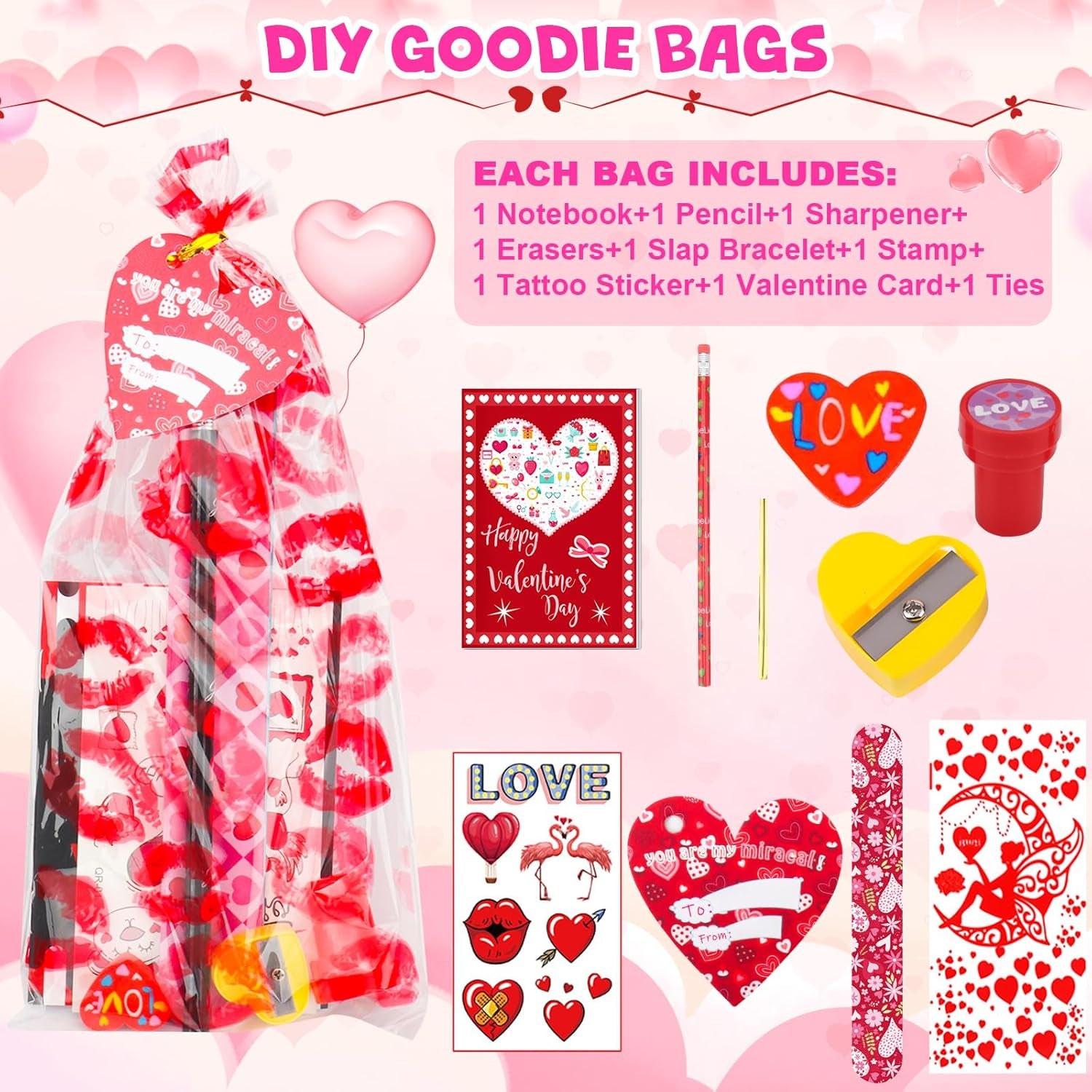 Valentine'S Day Gifts for Kids, 240Pcs Classroom Exchange Stationery Set with Card,Pencil, Sharpener, Eraser, Notebook,Slap Bracelet, Stamp,Tattoo Sticker, Goodie Bag Stuffers for School Party Favors