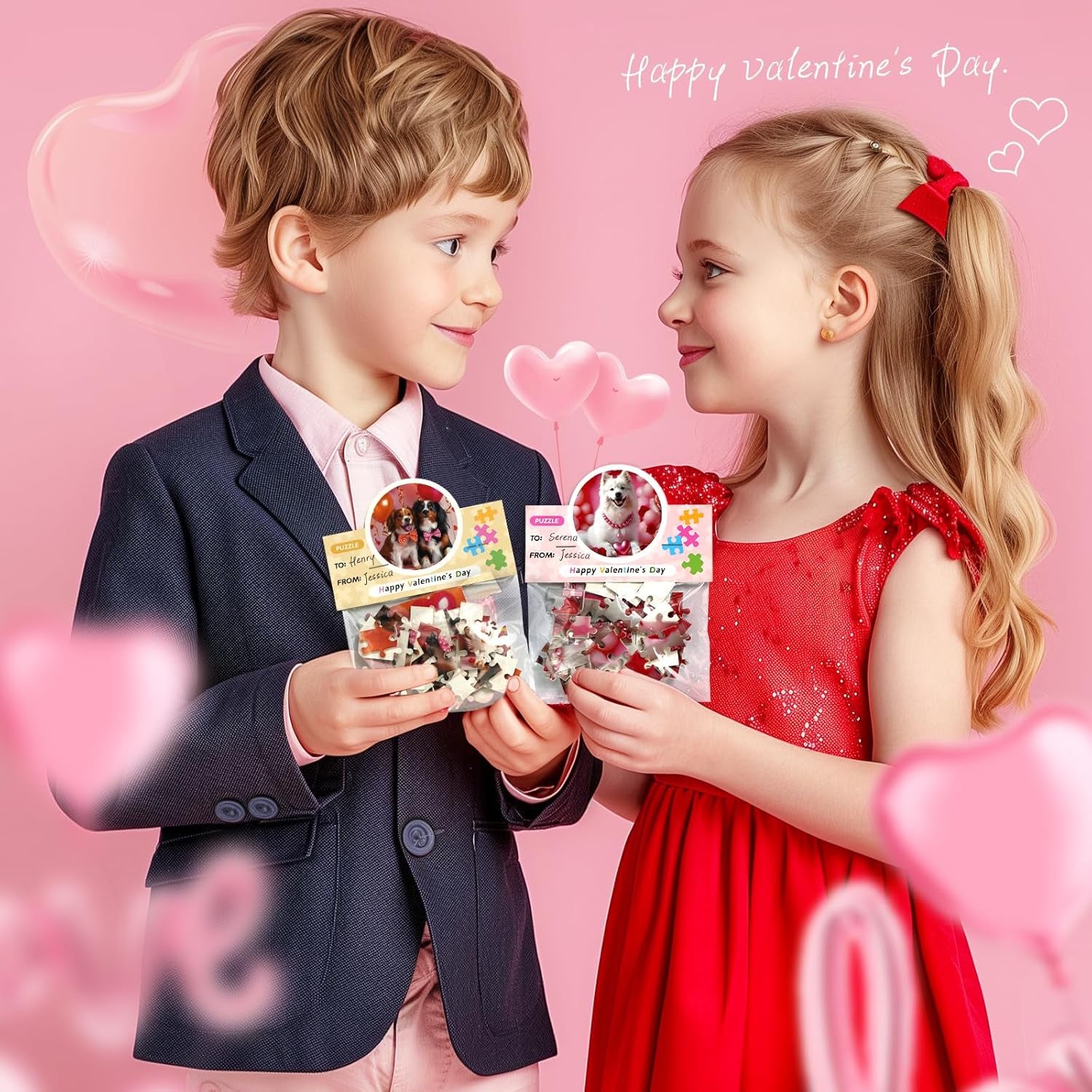 24 Packs Valentine Day Gifts for Kids with Cards Dogs Jigsaw Puzzles Goodies Bags Classroom Gifts Exchange for Boys and Girls